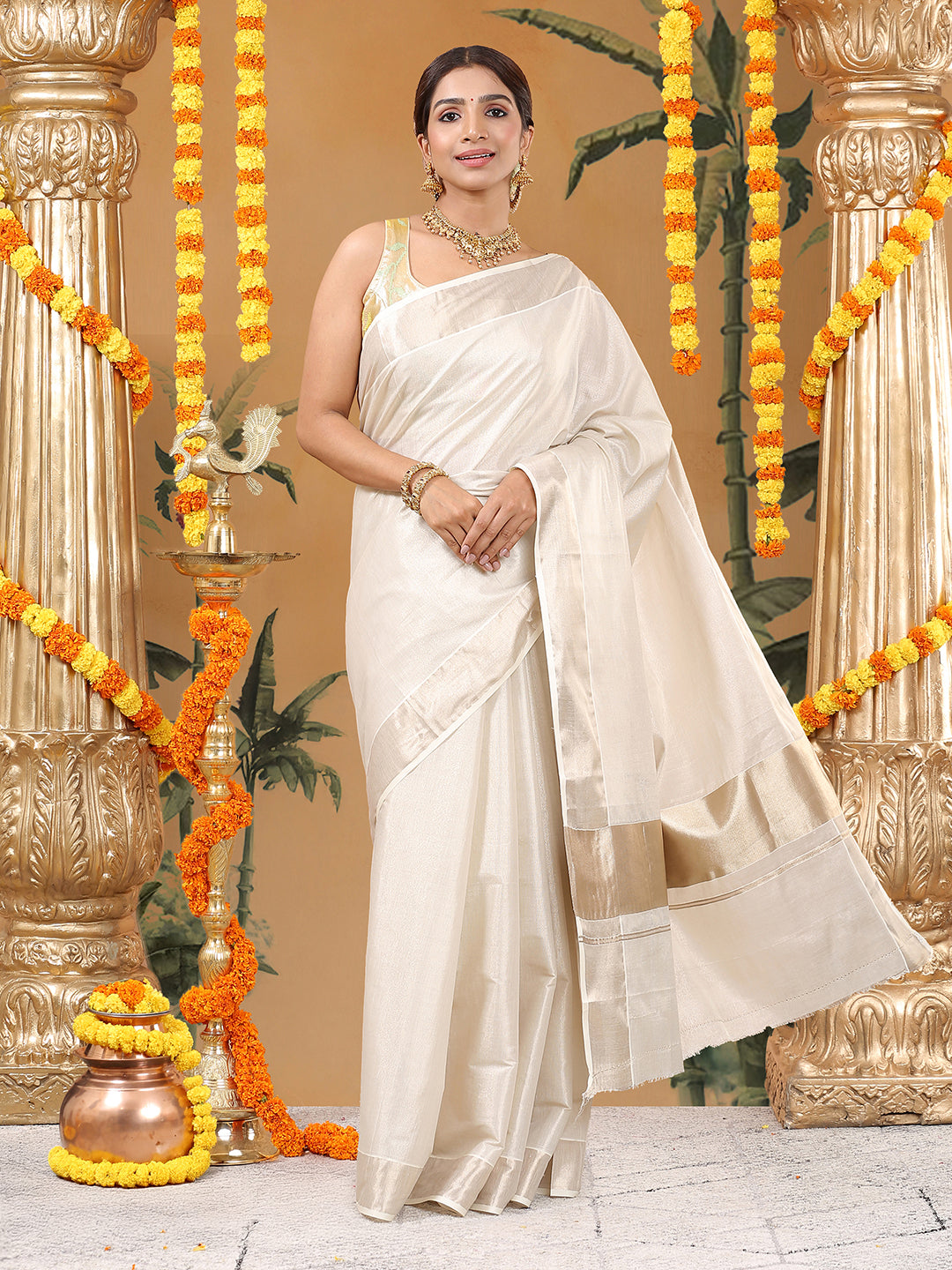 Tissue Antique Golden Plain Set Saree with Long Kasavu Pallu
