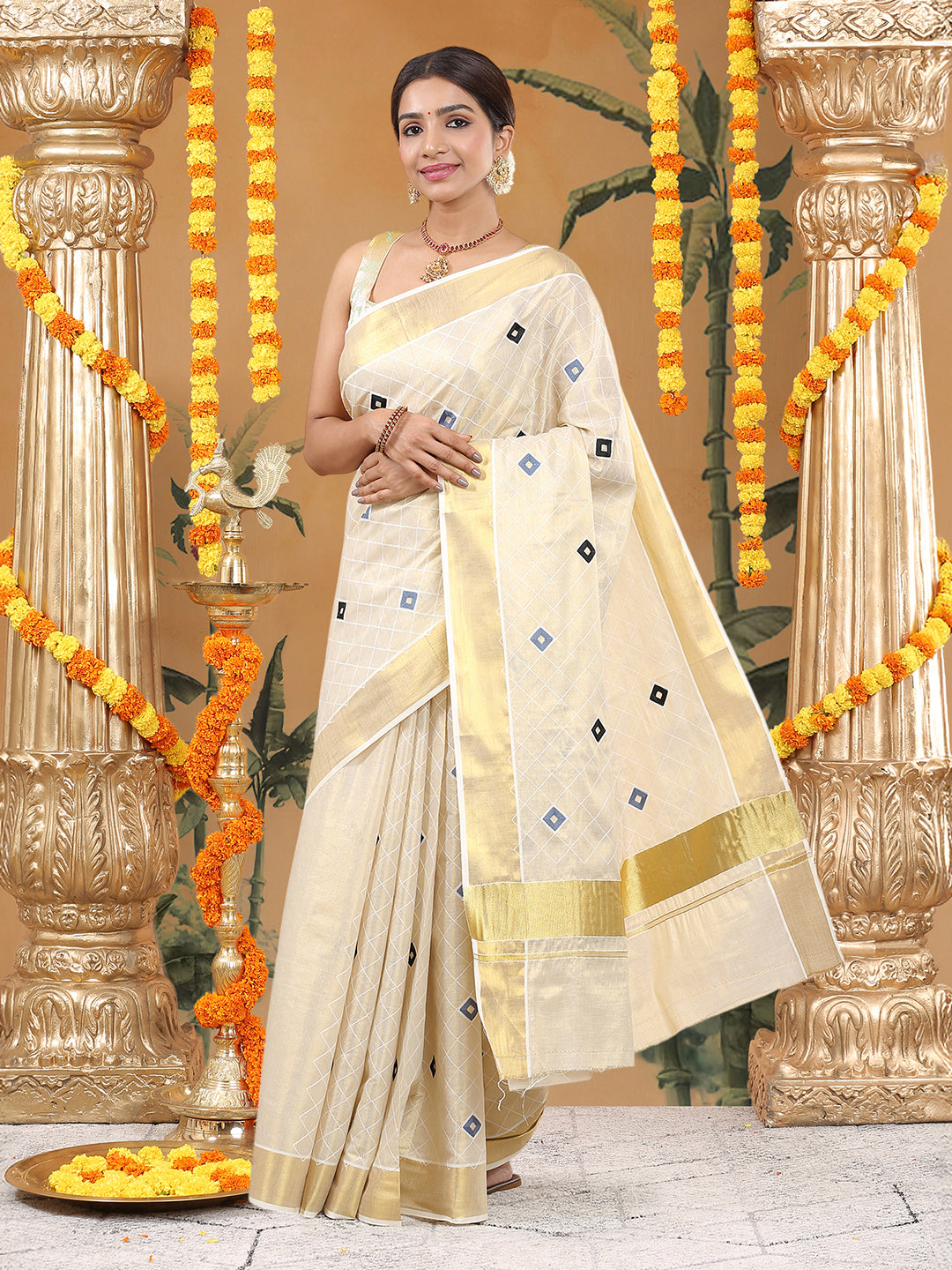 Golden Tissue Kerala Set Saree with White Diamond Embroidery and Blue-Ash Accents