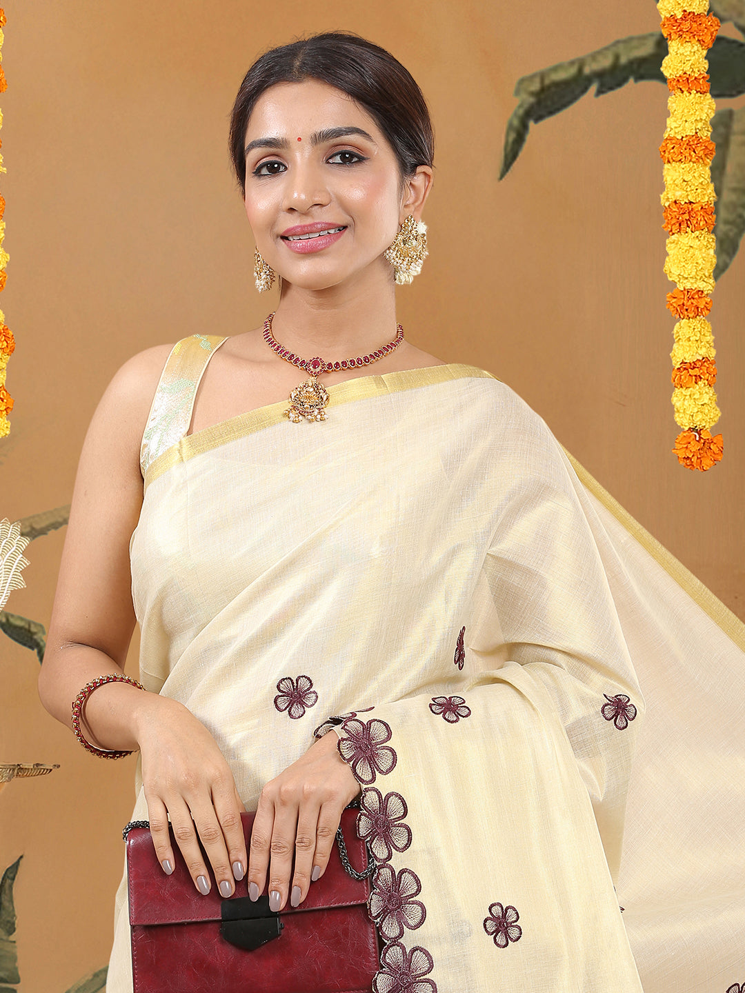 Tissue Golden Kerala Set Saree with Brown Floral Embroidery and Scalloped Border