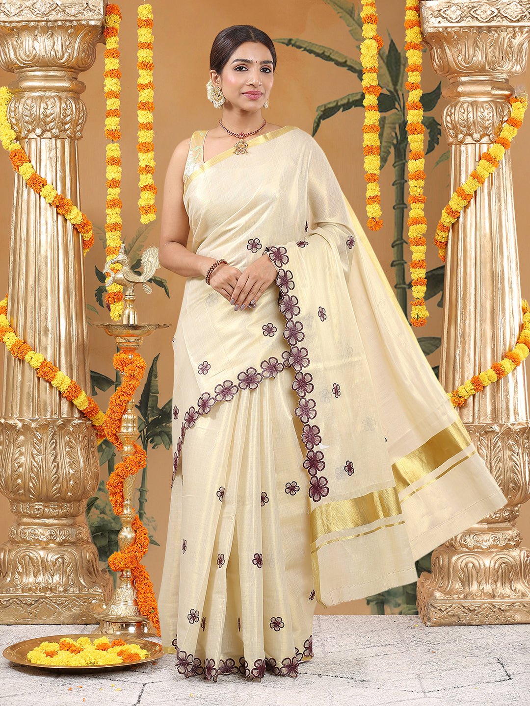 Tissue Golden Kerala Set Saree with Brown Floral Embroidery and Scalloped Border