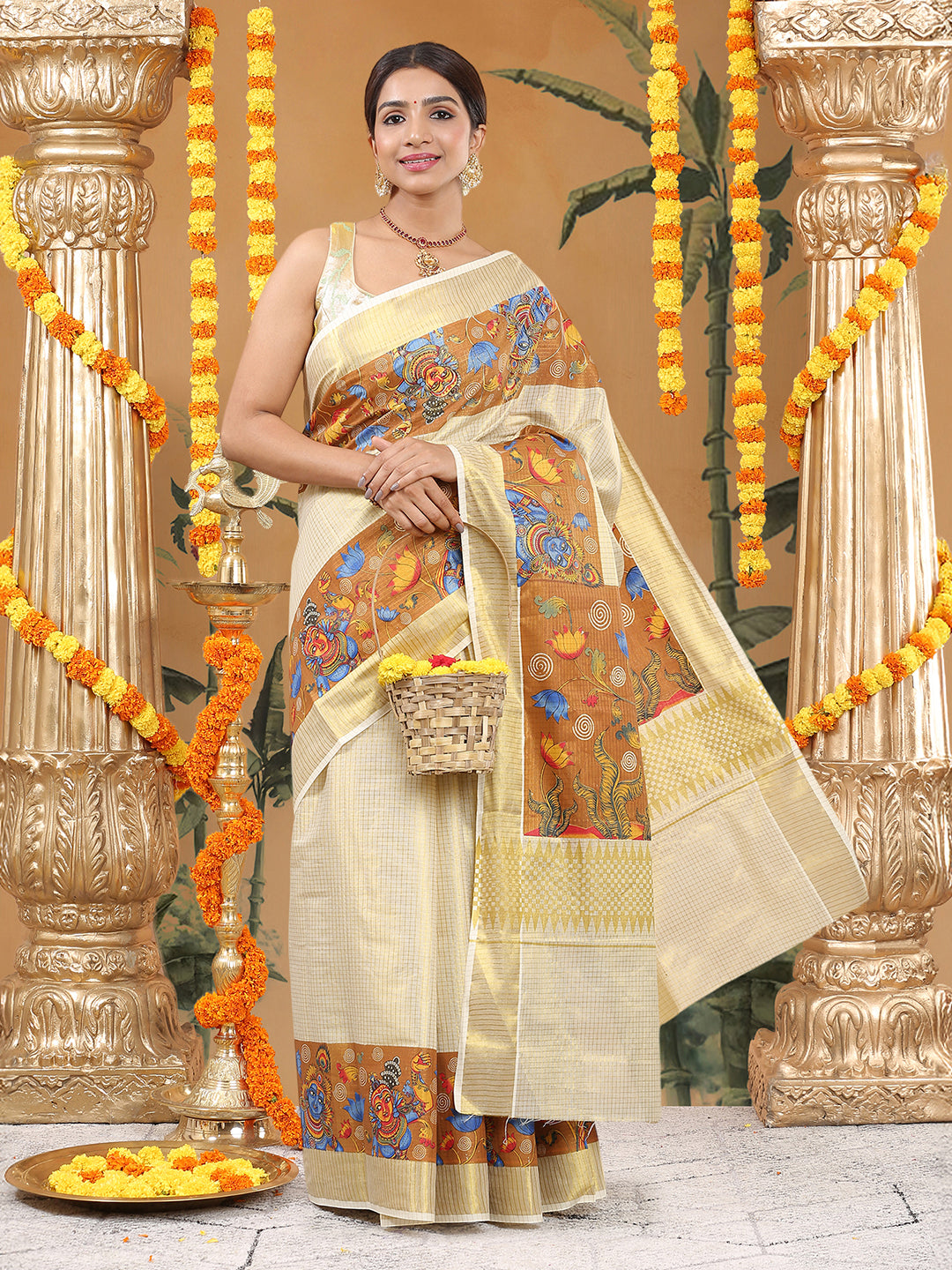 Tissue Golden Kerala Set Saree with Check Body and Radha-Krishna Mural Prints