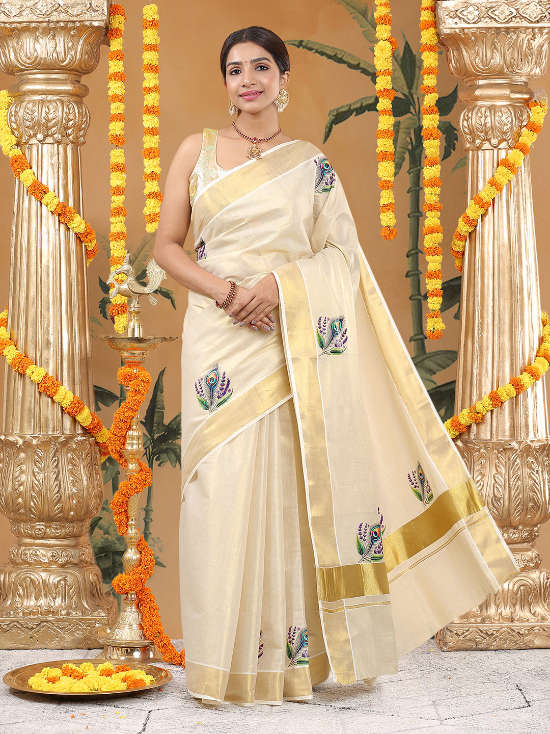 Tissue Golden Kerala Set Saree with Peacock-Floral Digital Print and Wine Blouse