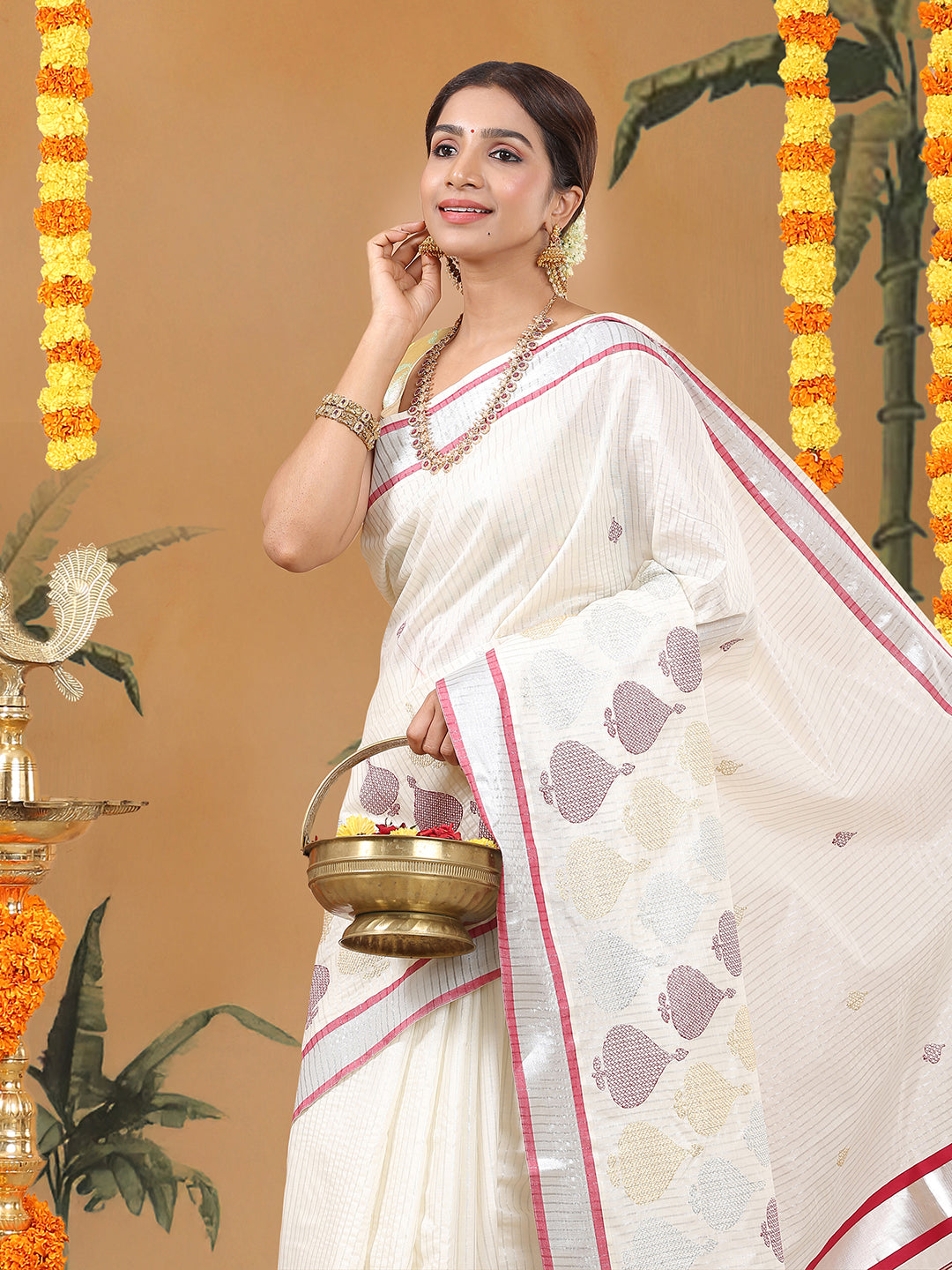 Off-White Silver Striped Set Saree with Silver-Golden Buttas and Red-Edged Kasavu Border
