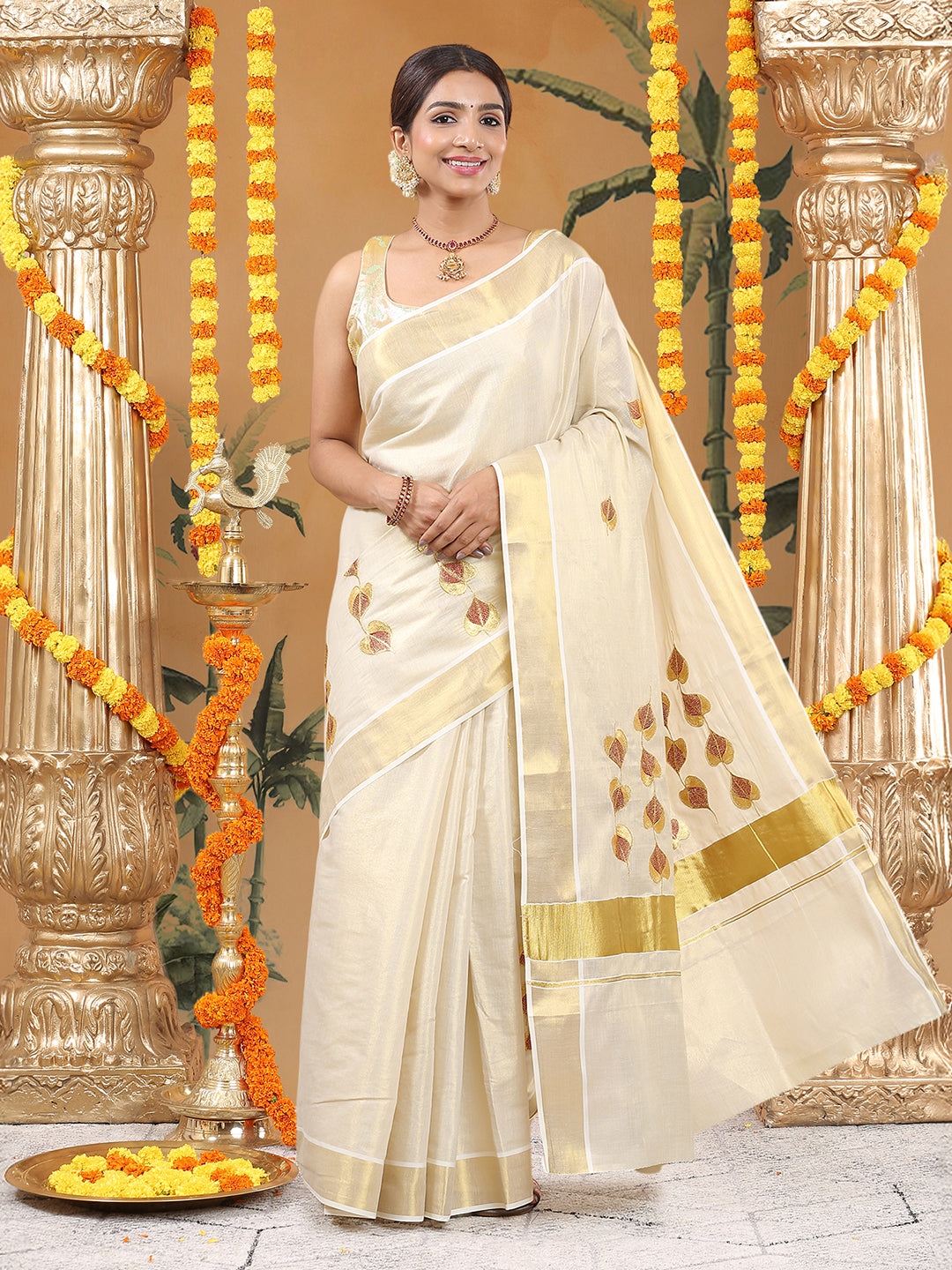 Golden Tissue Kerala Set Saree with Red-Golden Aalila Embroidery and Golden Kasavu On Pallu