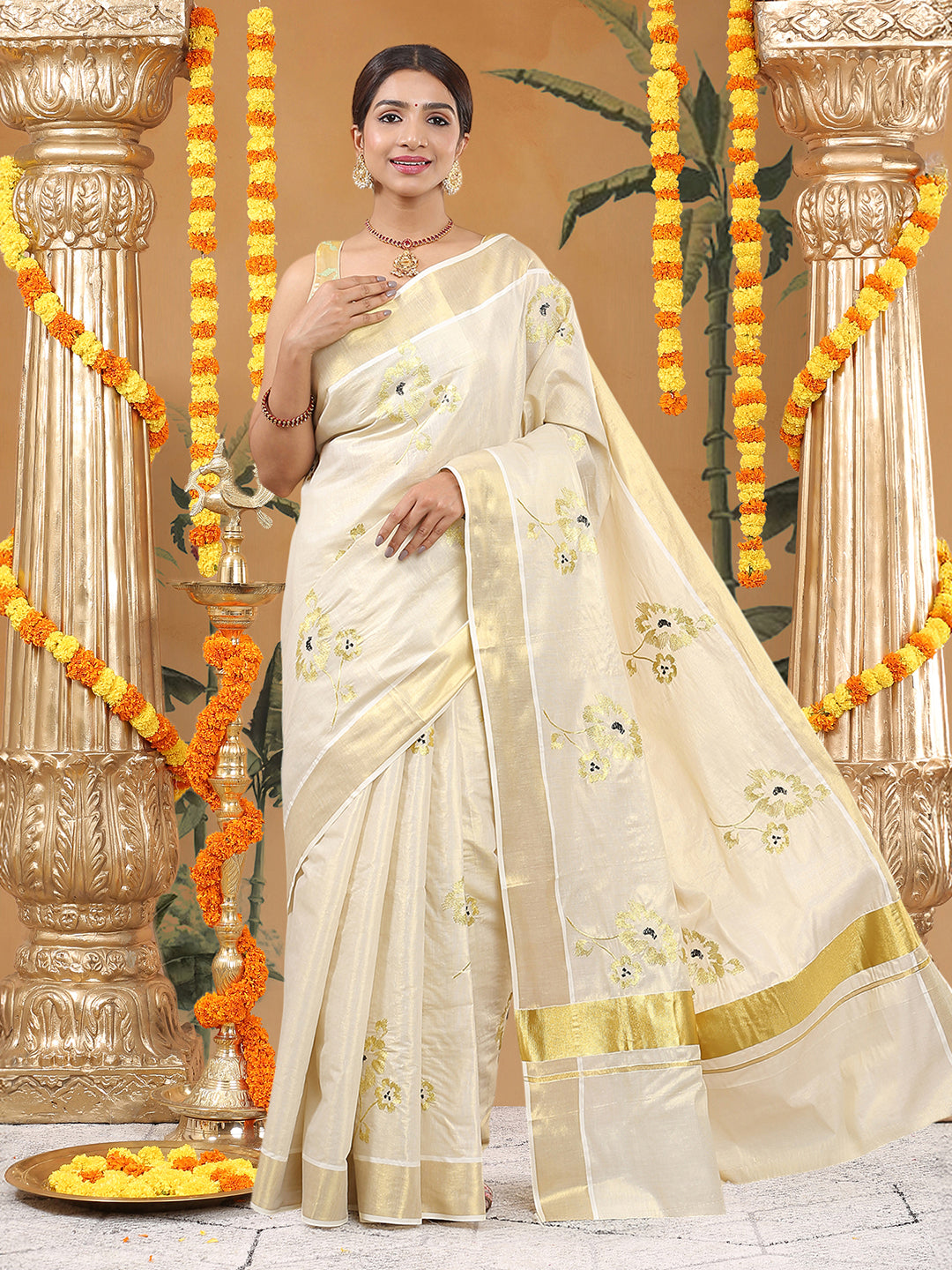 Tissue Golden Kerala Set Saree with Black-Golden Solid Floral Embroidery and Broad Kasavu Borders