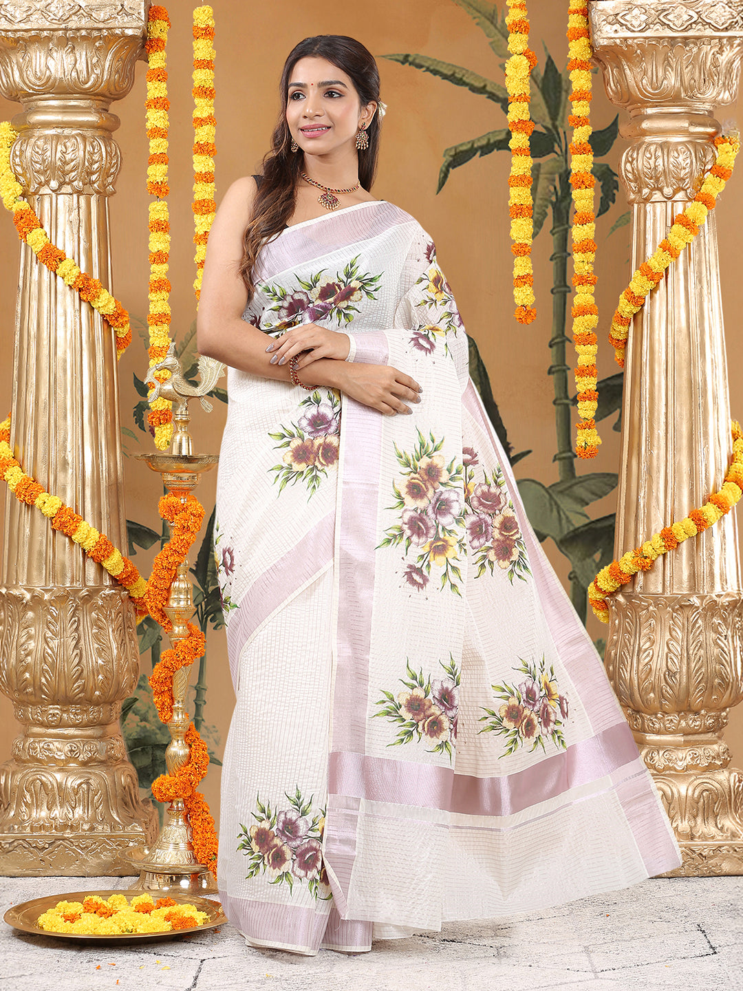 Off-White Cotton Kerala Set Saree with Rose Gold Stripes and Digital Floral Prints Near Kasavu Borders