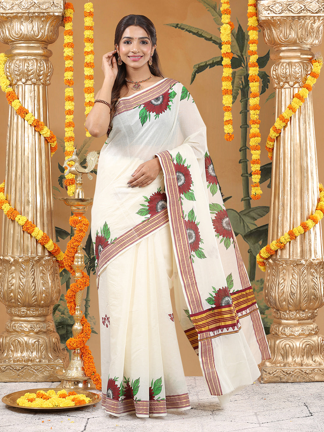 Off-White Cotton Kerala Set Saree with Maroon Soorya Kanthi Floral Prints and Golden-Maroon Striped Kasavu Borders