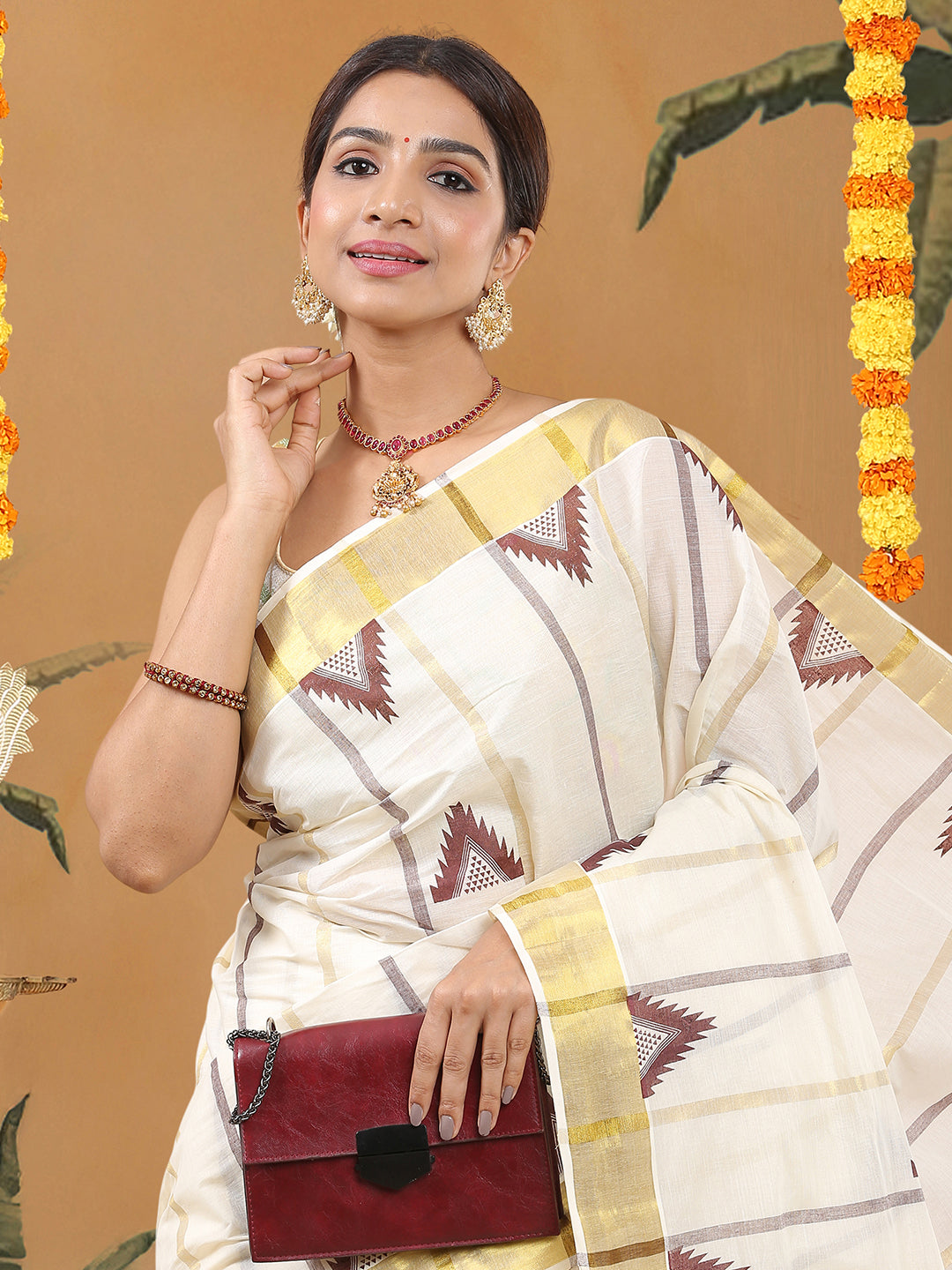 Cotton Off-White Kerala Set Saree with Coffee Brown - Golden Stripes, Temple Print, and Tassels