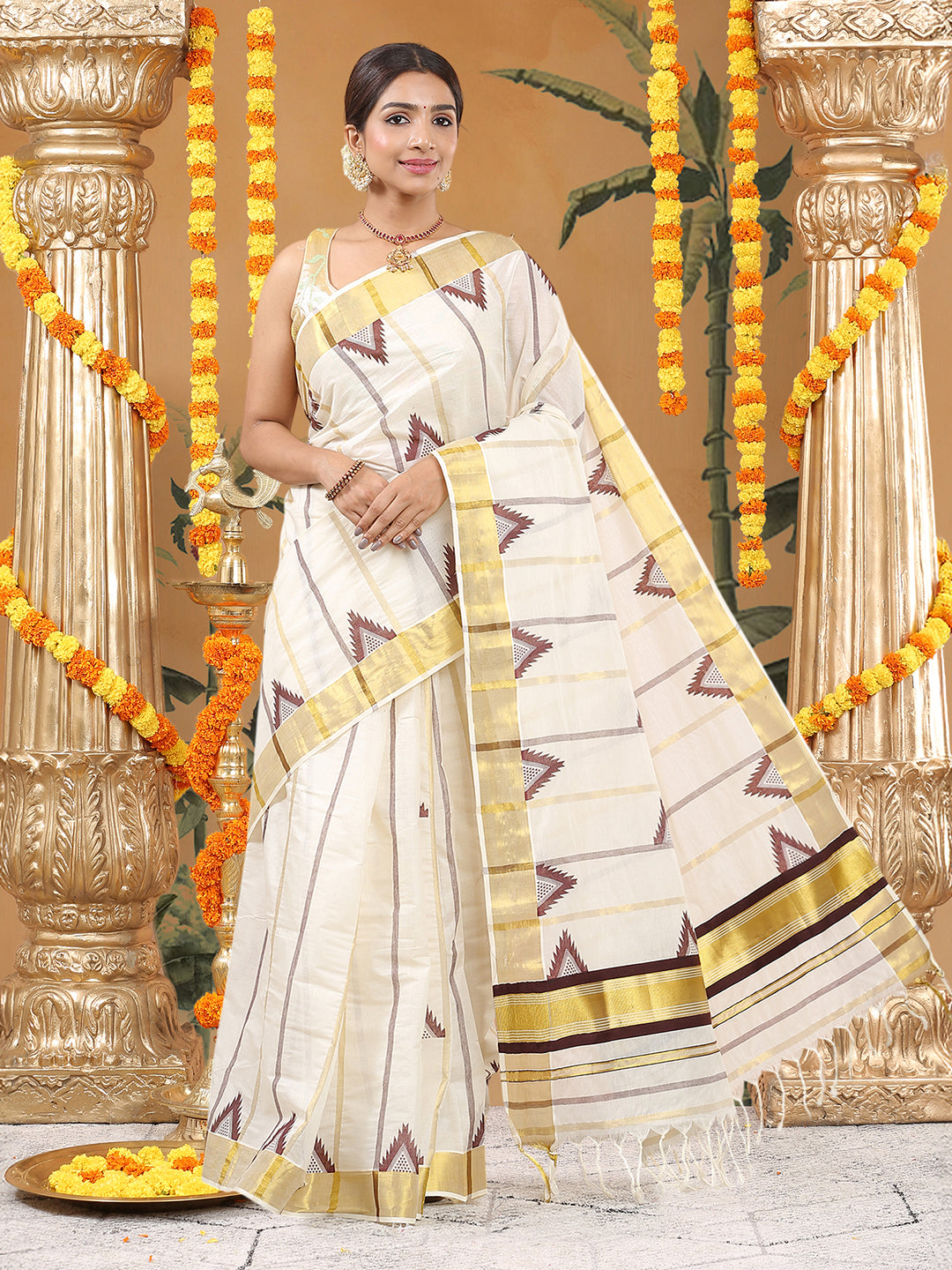 Cotton Off-White Kerala Set Saree with Coffee Brown - Golden Stripes, Temple Print, and Tassels