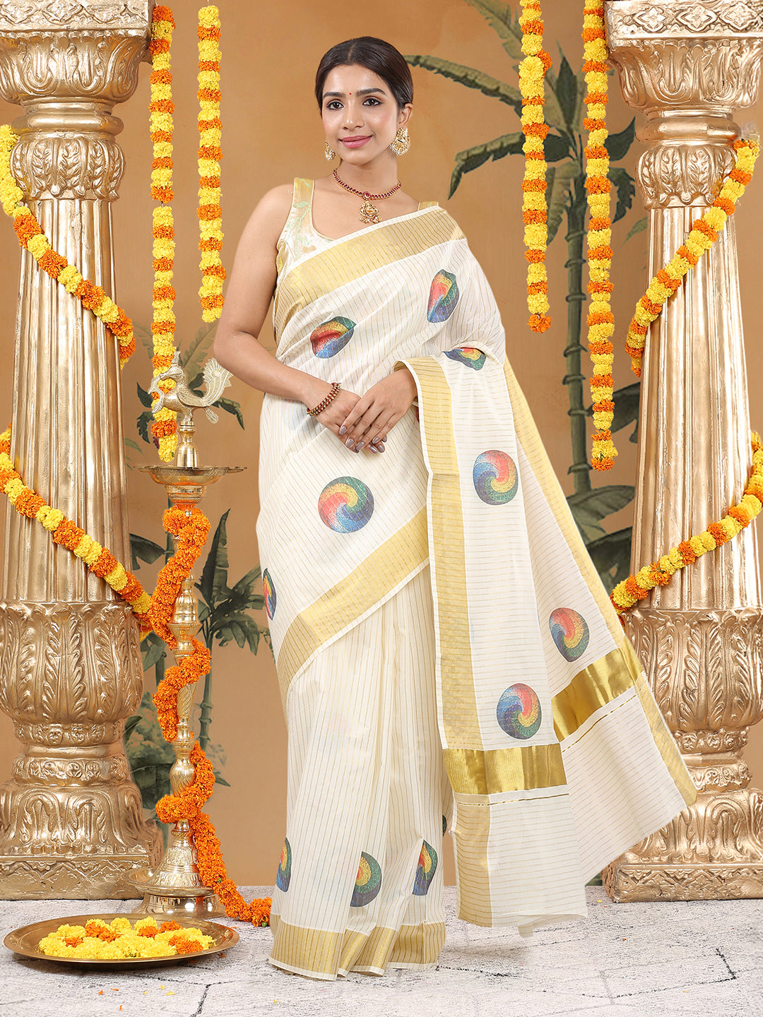 Off-White Cotton Kerala Set Saree with Golden Stripes and Multicolor Geometric Circle Buttas