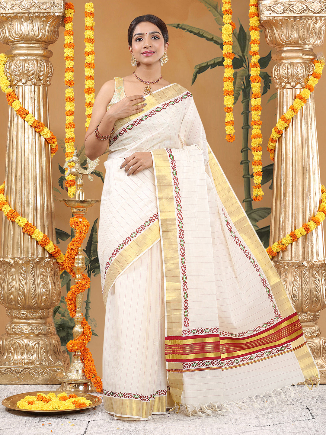 Cotton Off-White Kerala Set Saree with Red Thin Stripes and Geometric Motif Pallu Border