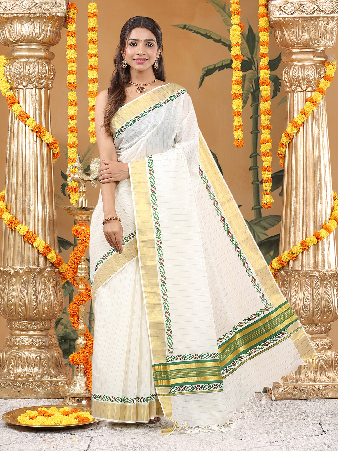 Cotton Off-White Kerala Set Saree with Green Stripes and Geometric Motifs
