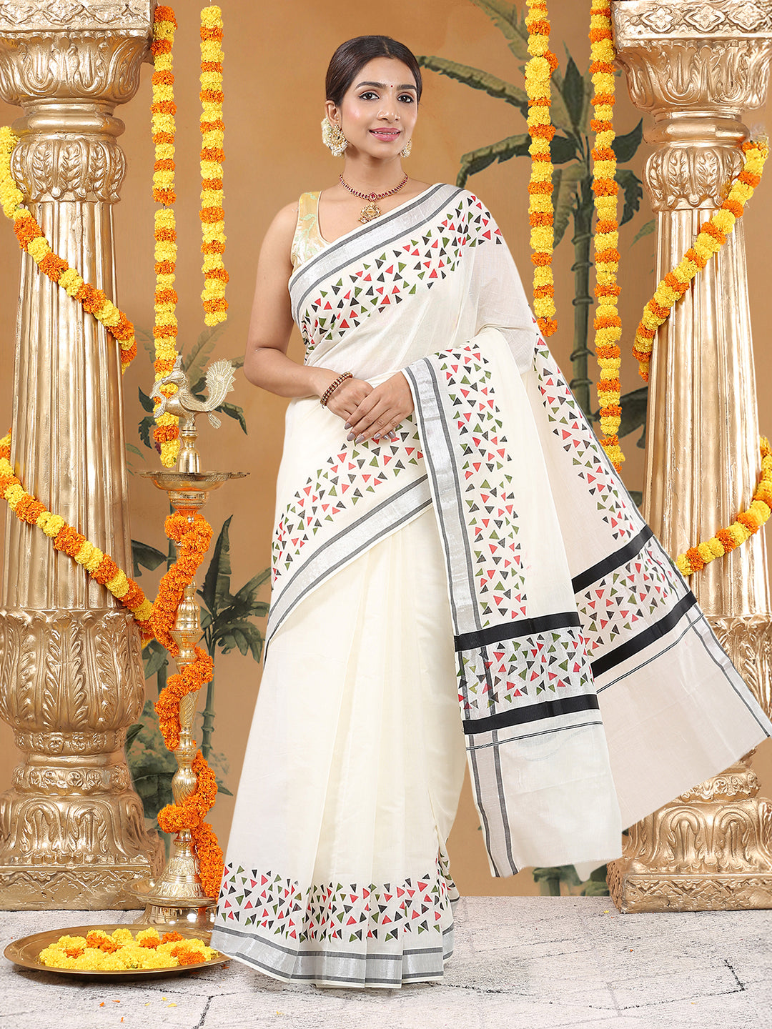 Cotton Off-White Kerala Set Saree with Silver-Black Border and Multi Geometric Printed Pallu Border