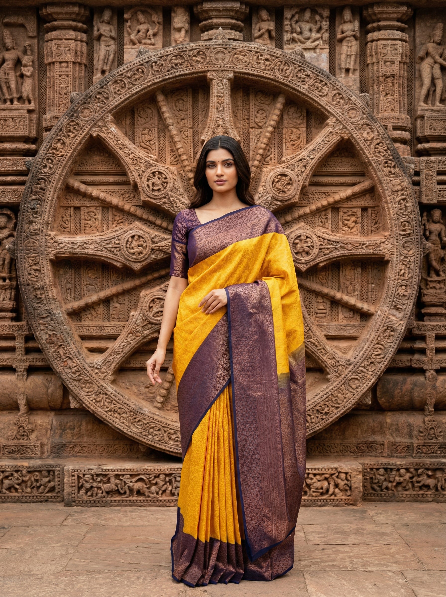 Mango Yellow Semi Brocade Silk Saree