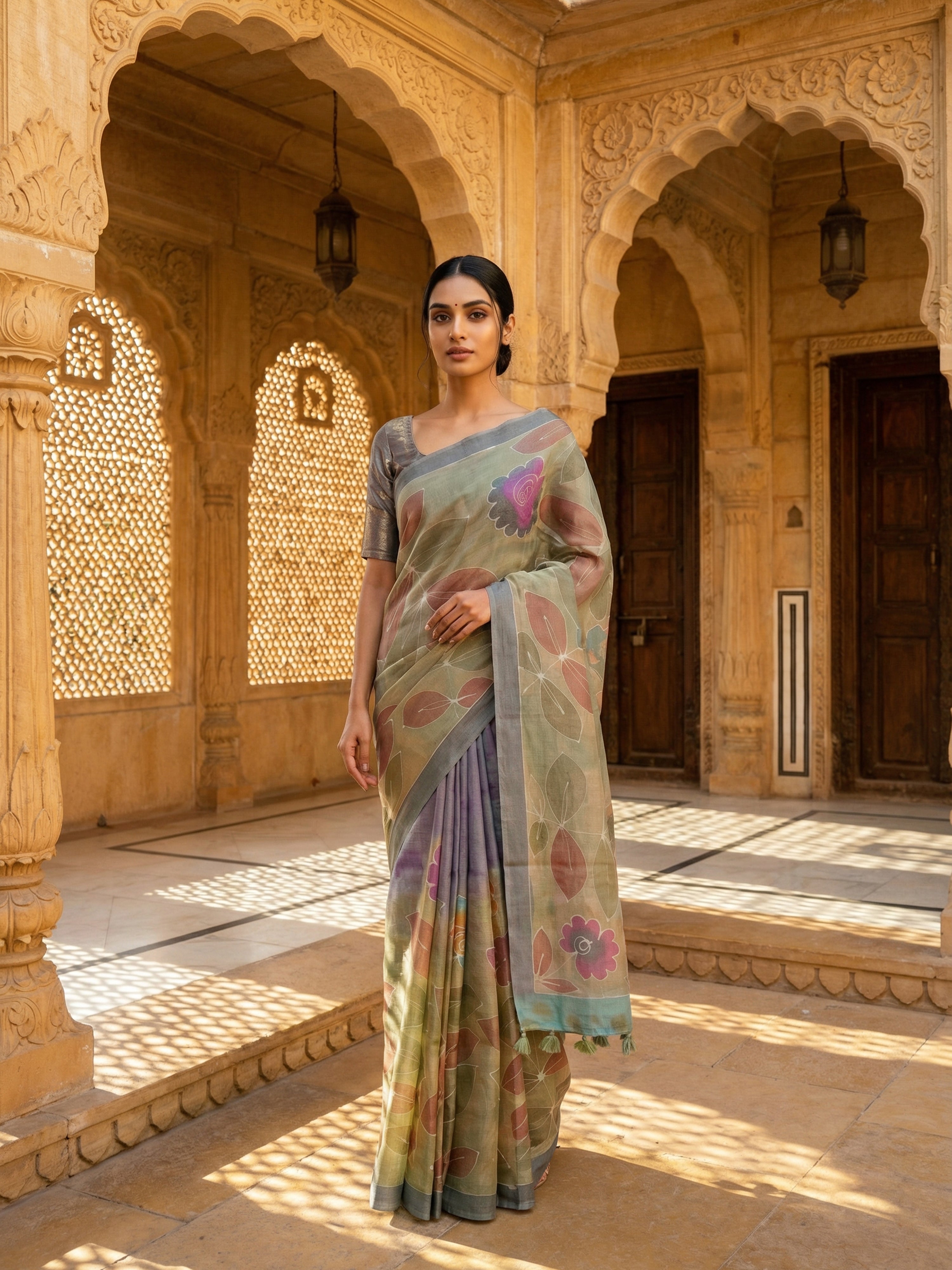 Pure Tusser Silk Saree in Pastel Green with Floral Design & Contrast Border