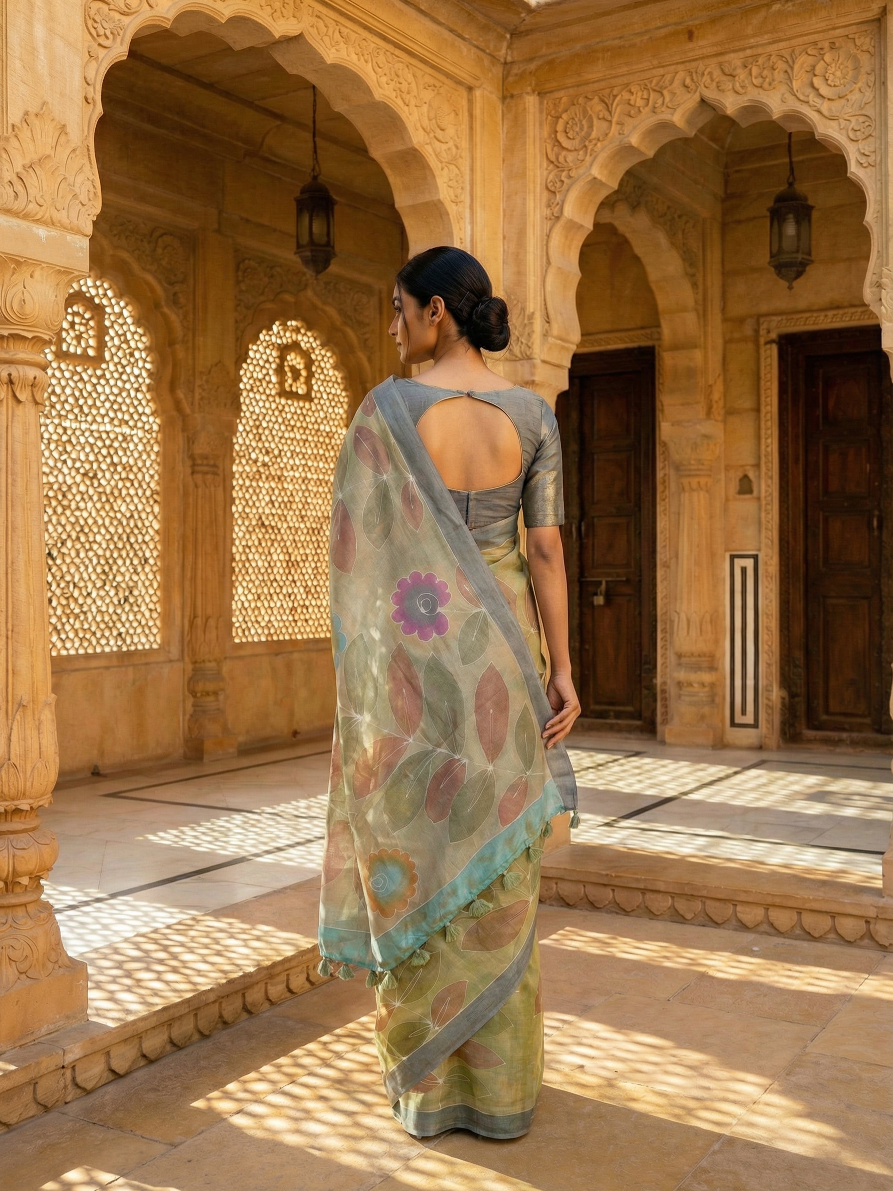 Pure Tusser Silk Saree in Pastel Green with Floral Design & Contrast Border