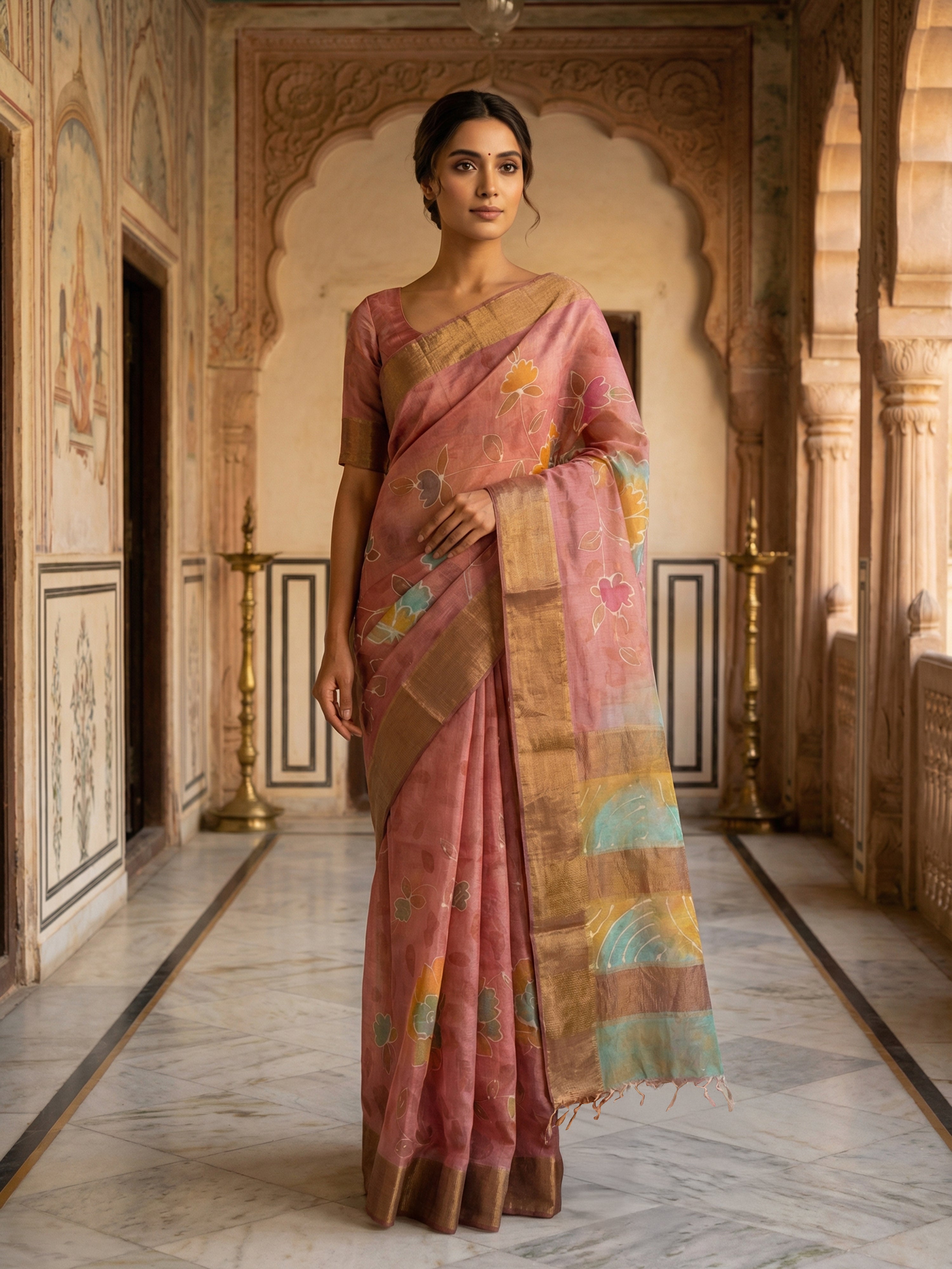 Pure Tusser Silk Saree in Strawberry Pink with Golden Zari Border & Contrast Cyan Pallu Design