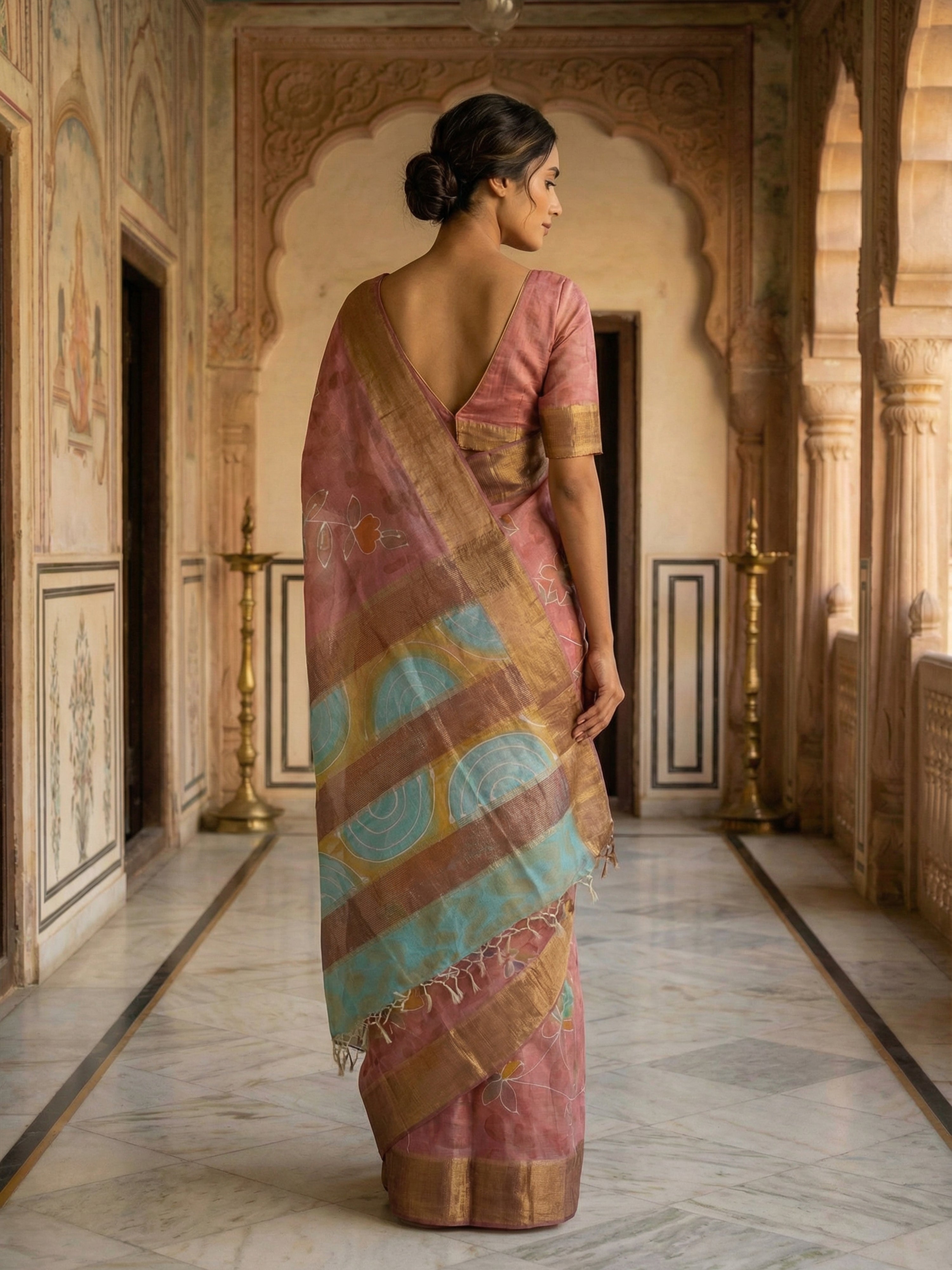 Pure Tusser Silk Saree in Strawberry Pink with Golden Zari Border & Contrast Cyan Pallu Design