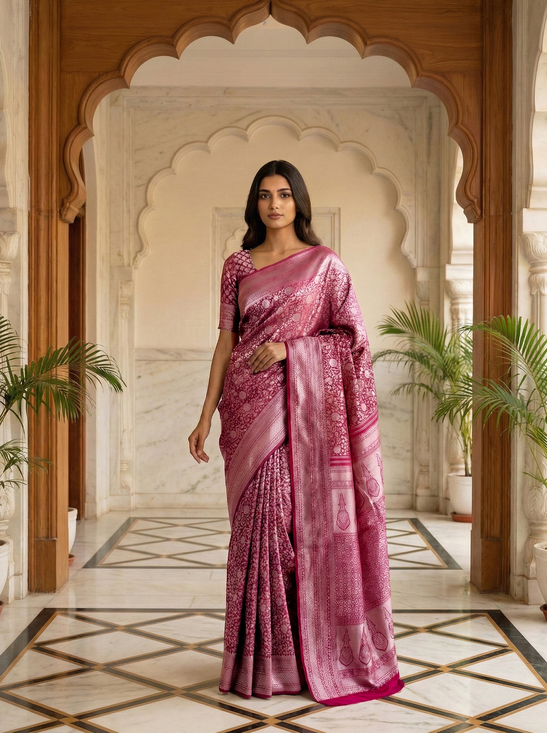 Pure Kancheeram Brocade Silk Saree in Vadaar Shade with Silver Zari – Banarasi Body Weave