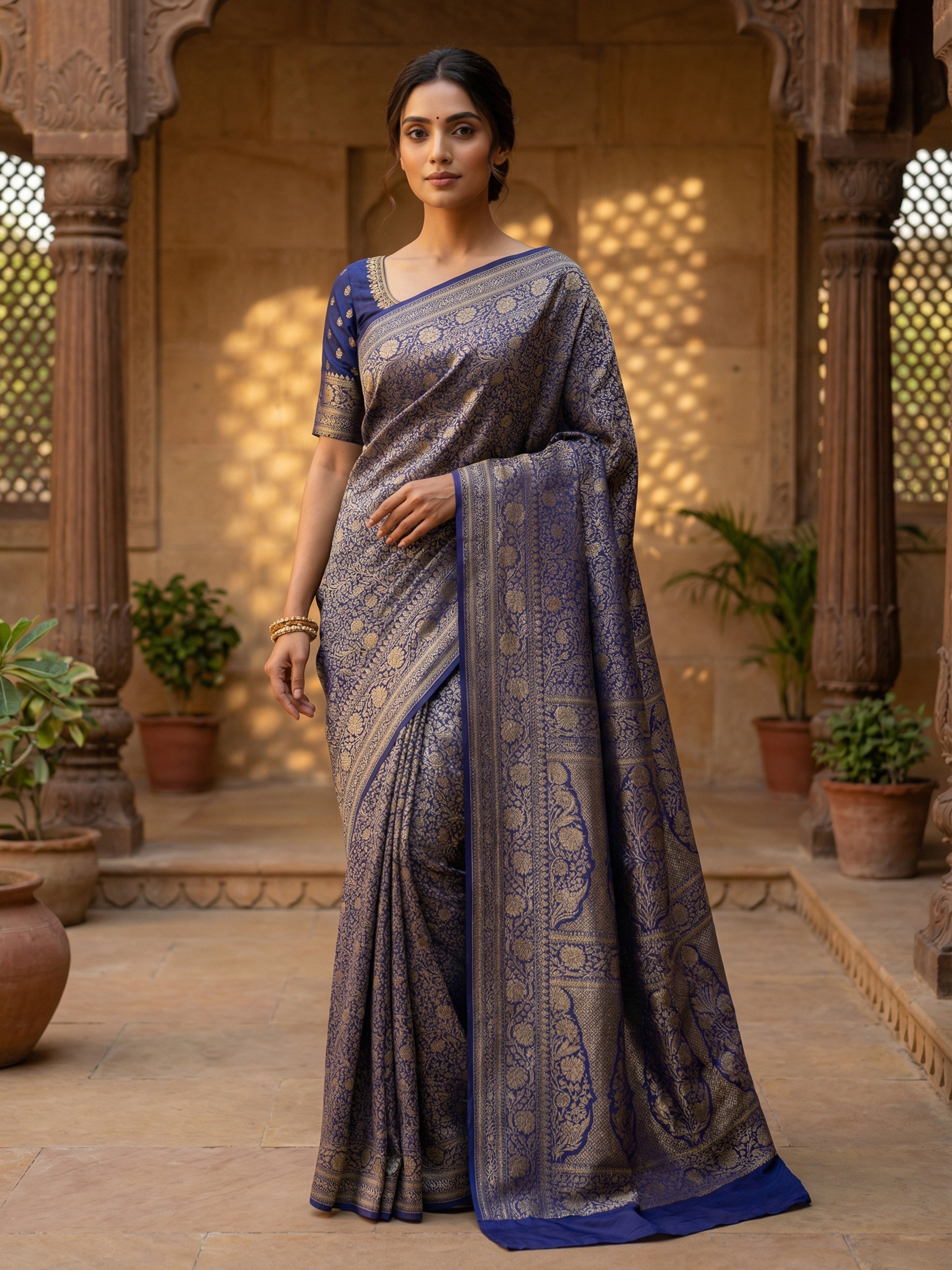 Pure Georgette Banarasi Saree in Royal Blue with Neem Zari Floral Design