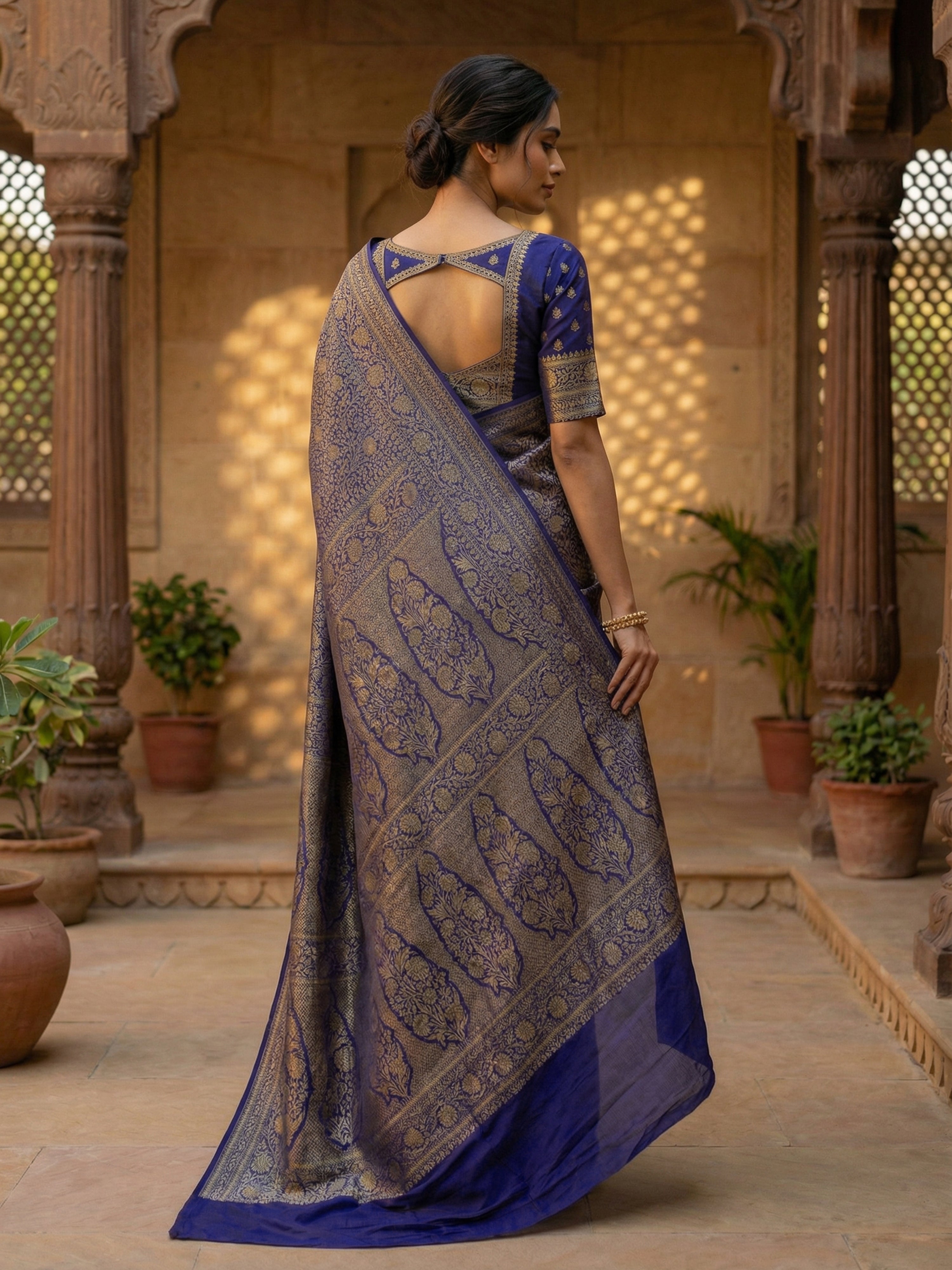 Pure Georgette Banarasi Saree in Royal Blue with Neem Zari Floral Design