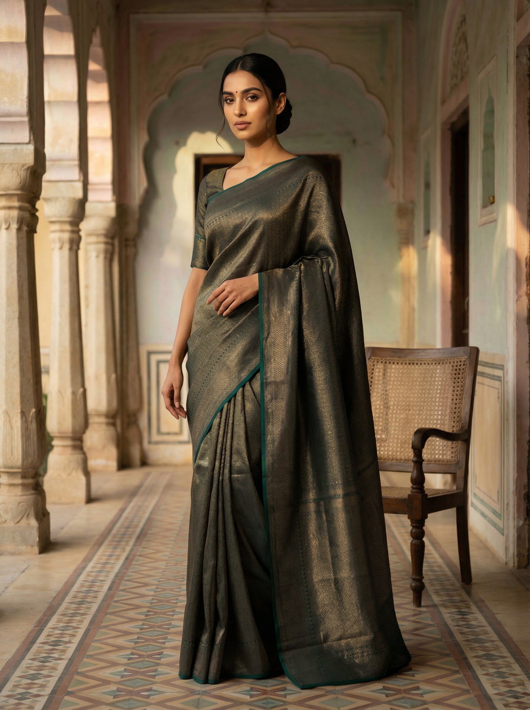 Pure Katan Silk Peacock Blue Banarasi Saree with Neem Zari & Diamond Border