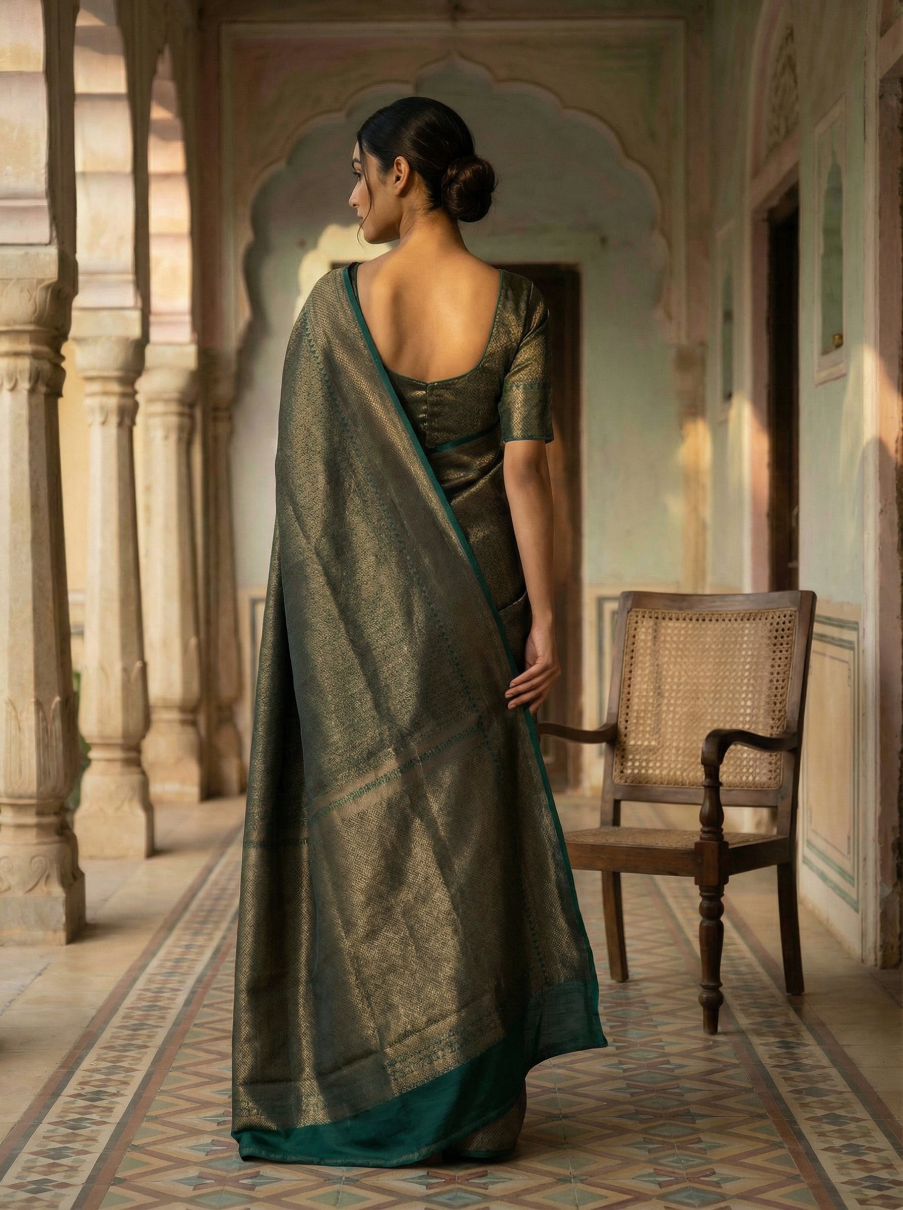 Pure Katan Silk Peacock Blue Banarasi Saree with Neem Zari & Diamond Border