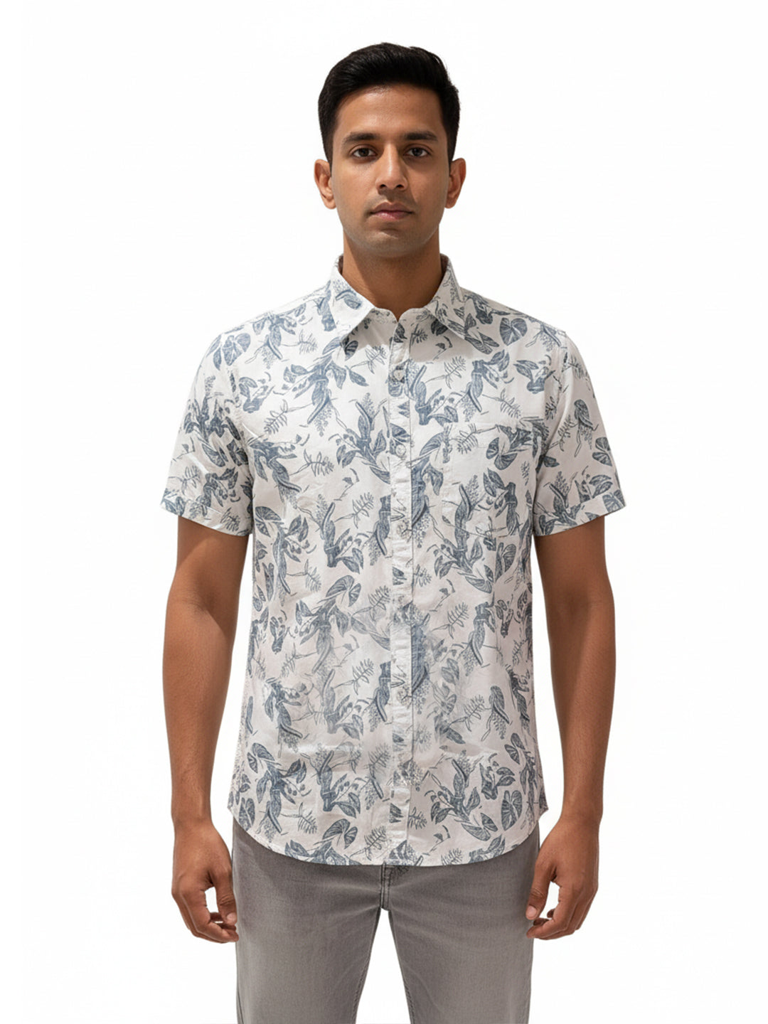 White Base With An Elagent Slate Blue Print Shirt