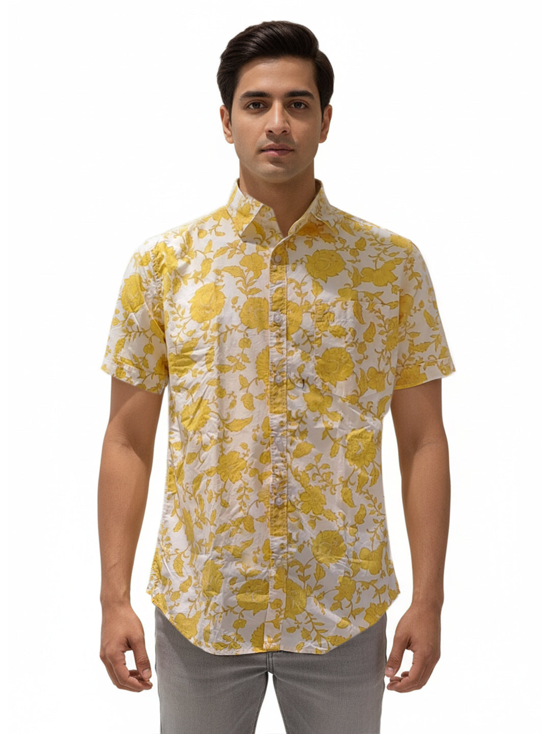 Off White Base With Bright Yellow Print Shirt