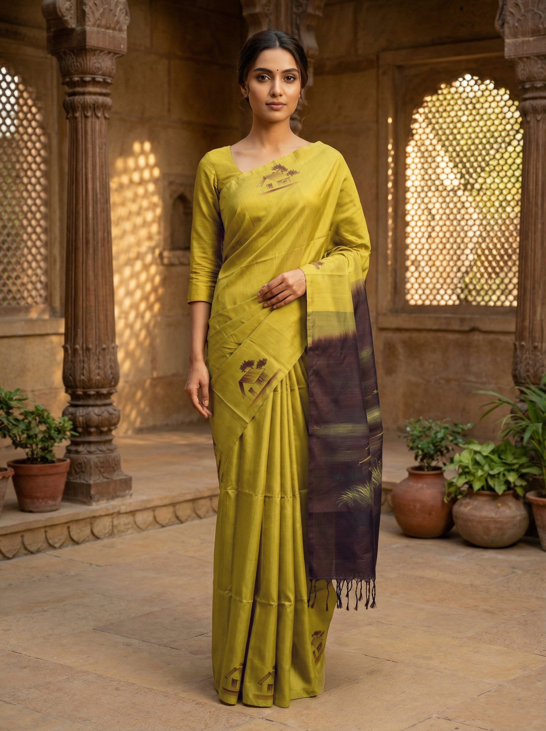 Pure Kancheepuram Silk Saree in Ochre Yellow – Plain Body with Contrast Mural Print Pallu