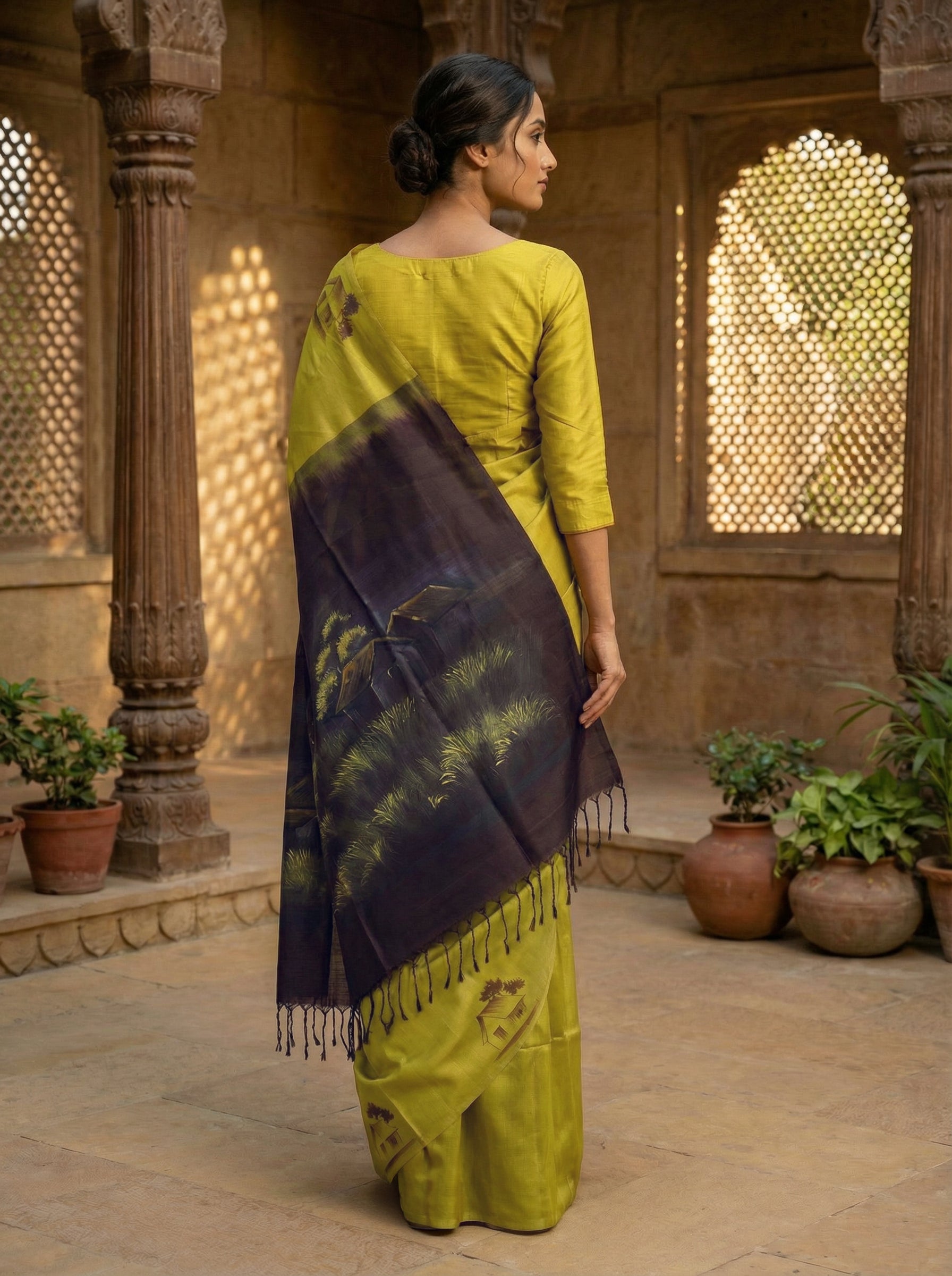 Pure Kancheepuram Silk Saree in Ochre Yellow – Plain Body with Contrast Mural Print Pallu