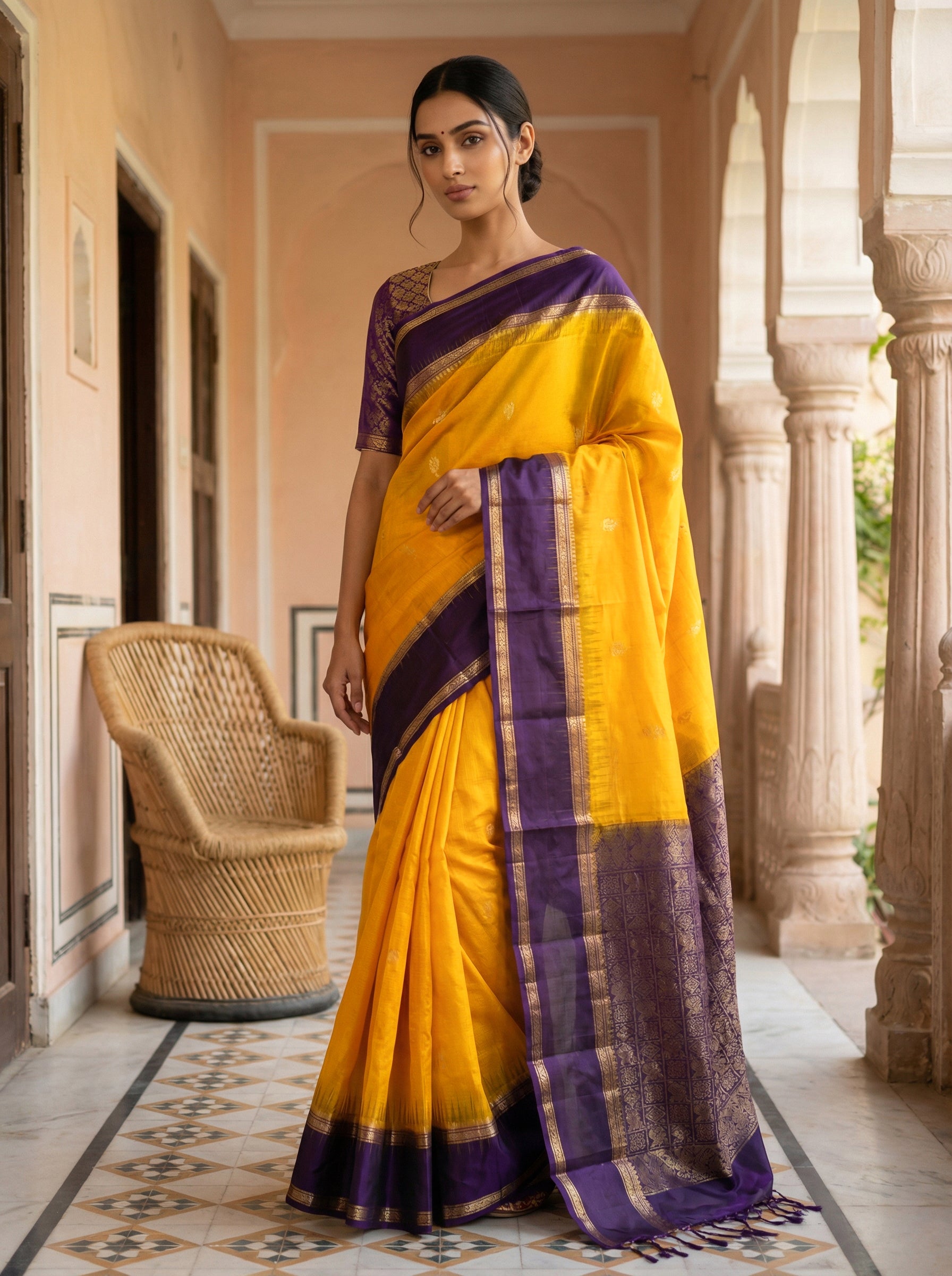 Pure Kancheepuram Silk Saree in Mango Yellow with Golden Zari – Zari Butta Body