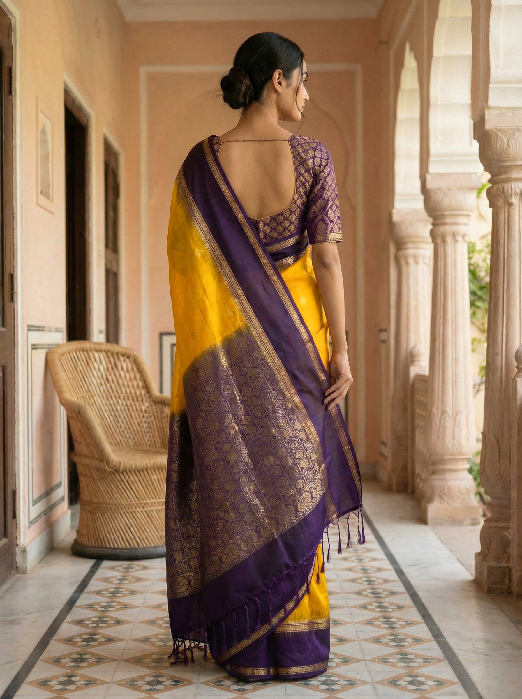 Pure Kancheepuram Silk Saree in Mango Yellow with Golden Zari – Zari Butta Body