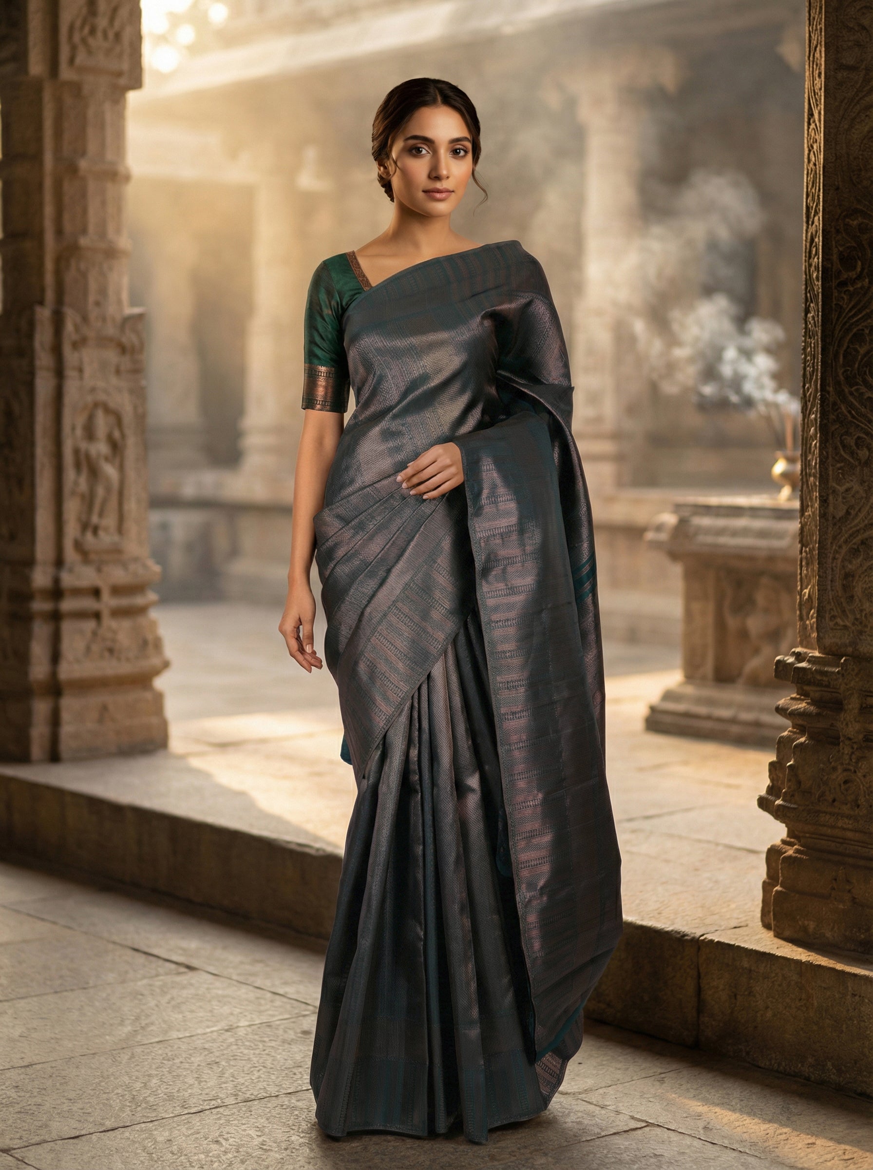 Emerald Green Kancheepuram Saree With Geometrical Print