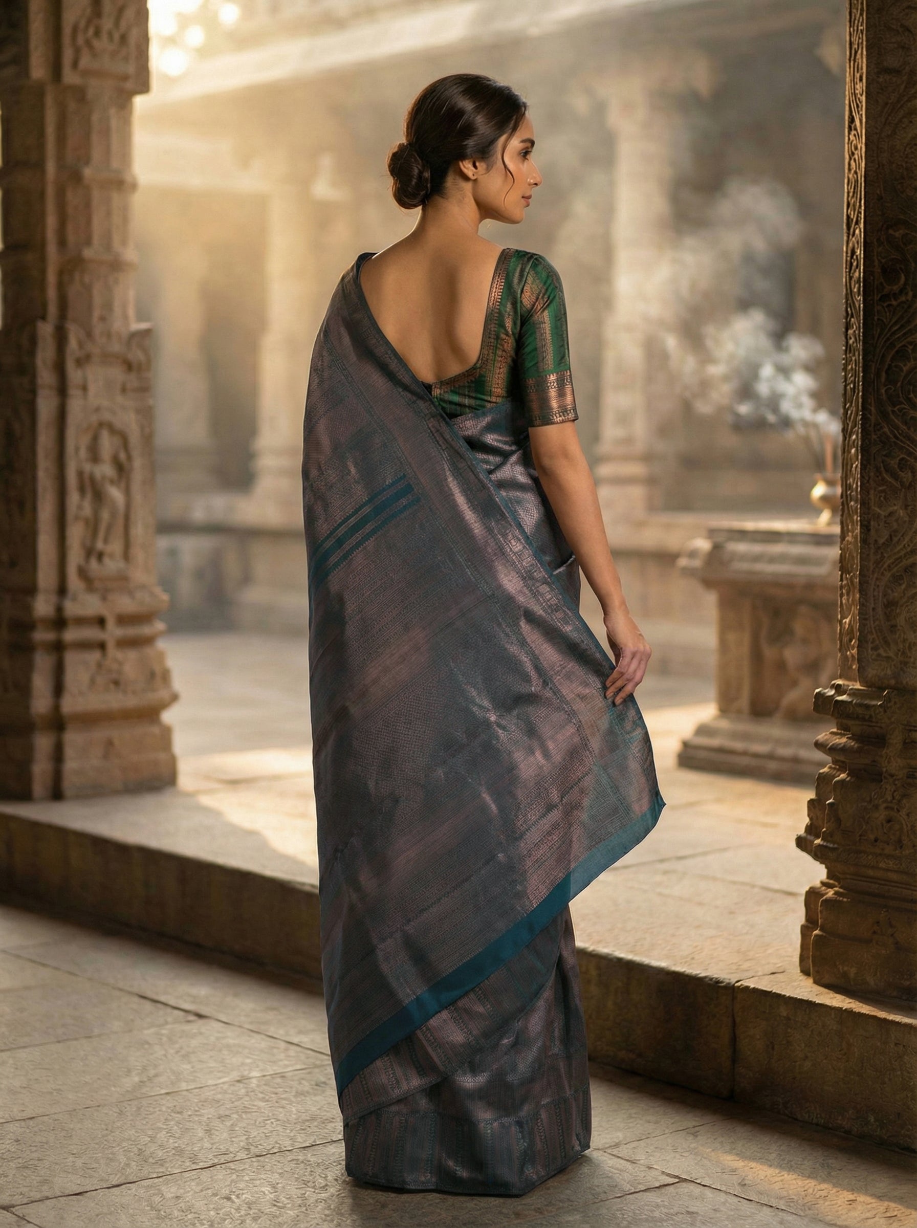 Emerald Green Kancheepuram Saree With Geometrical Print