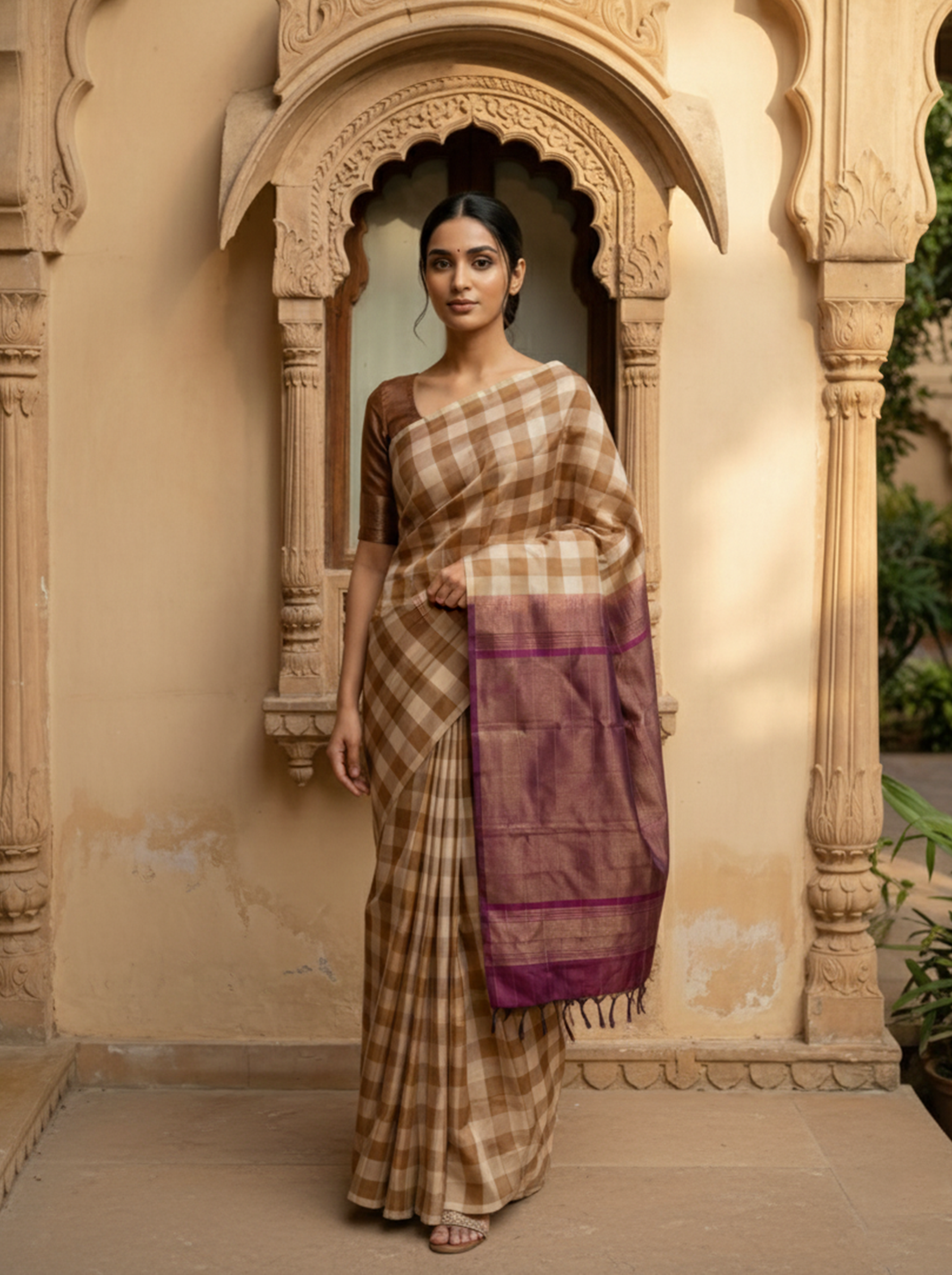 Pure Kancheepuram Silk Saree in Cream with Copper Zari – Checked Body