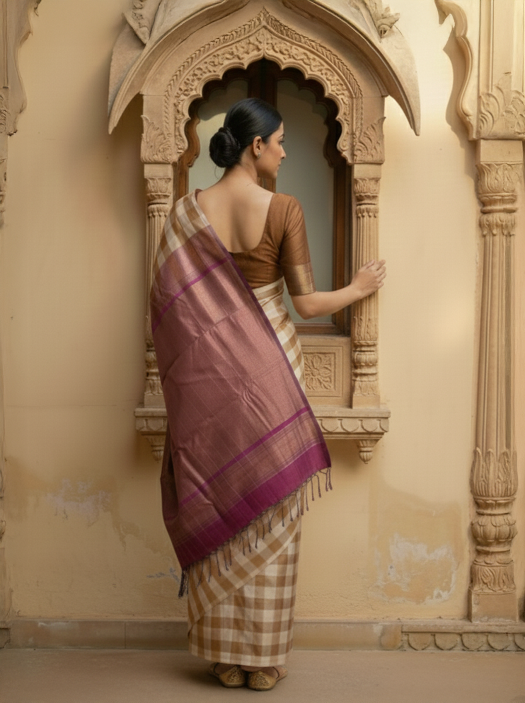 Pure Kancheepuram Silk Saree in Cream with Copper Zari – Checked Body