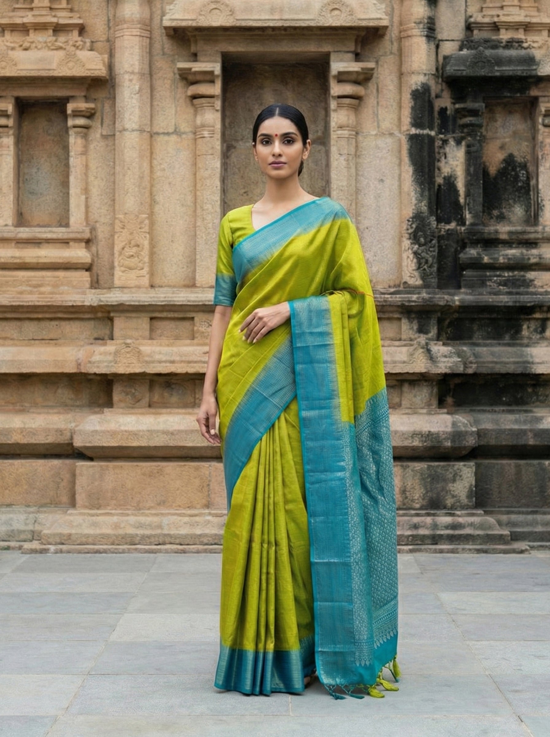 Pear Green Pure Kancheepuram Silk Saree with Rose Gold Zari & Contrast Peacock Blue Border