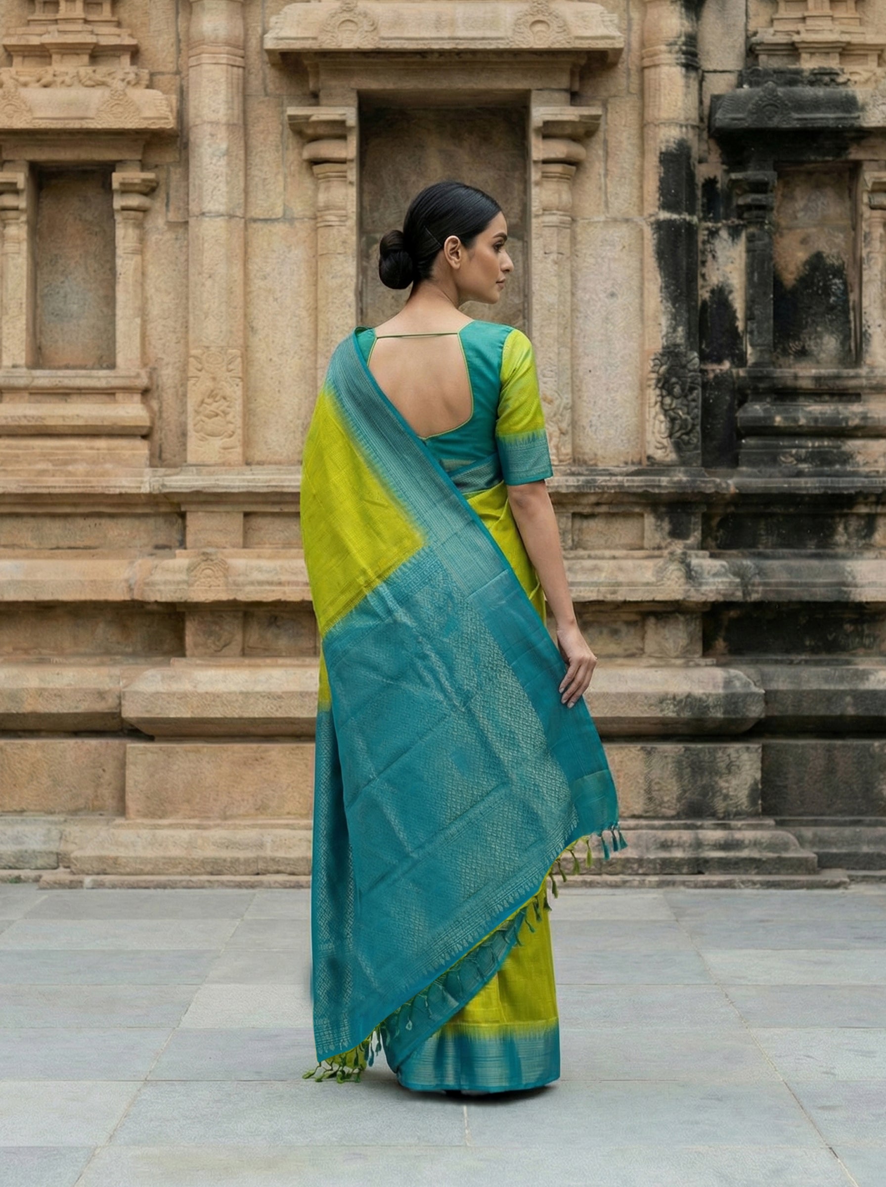 Pear Green Pure Kancheepuram Silk Saree with Rose Gold Zari & Contrast Peacock Blue Border