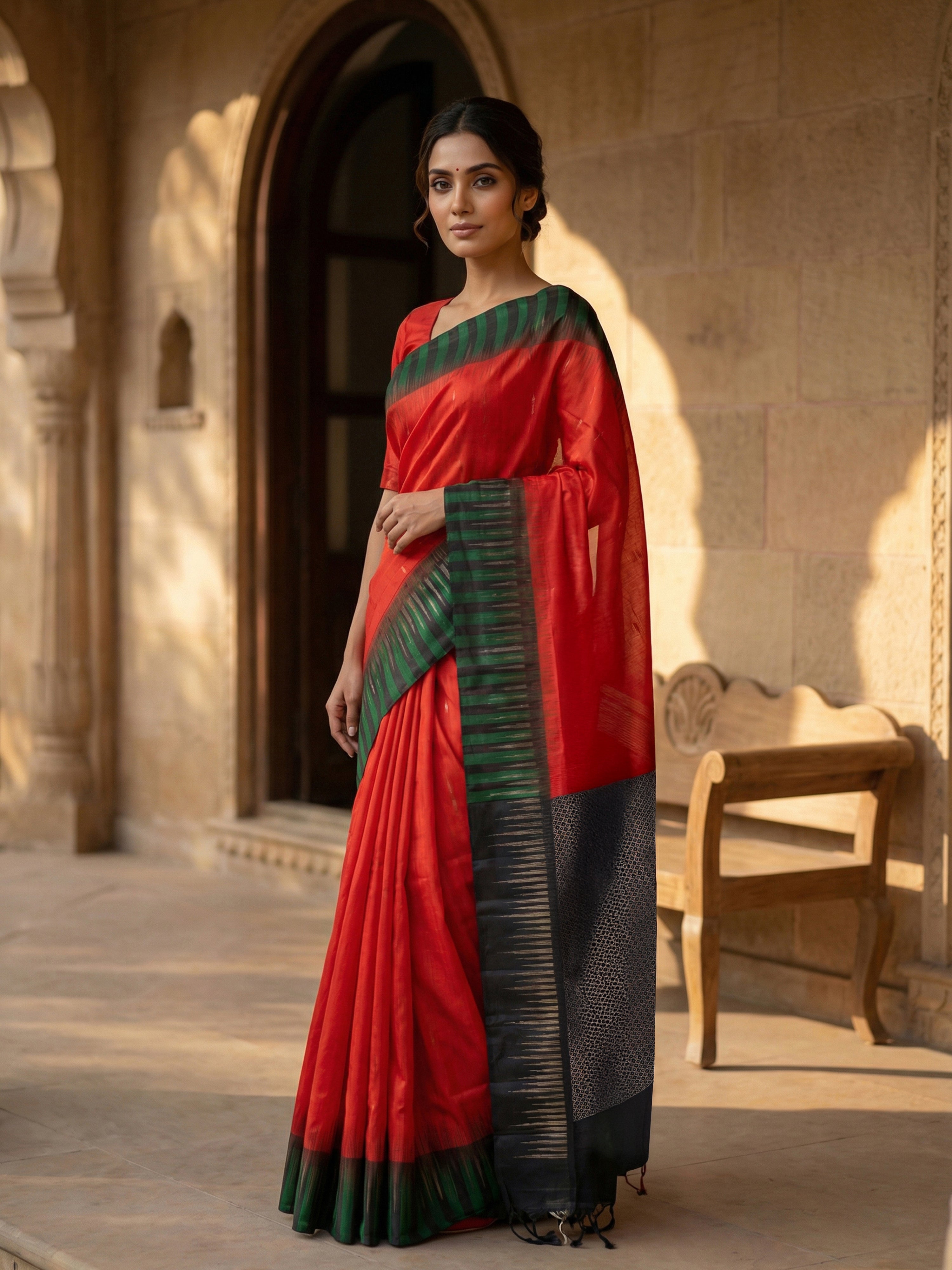 Pure Kancheepuram Silk Saree in Red with Golden Zari – Butta Body, Black Contrast Pallu