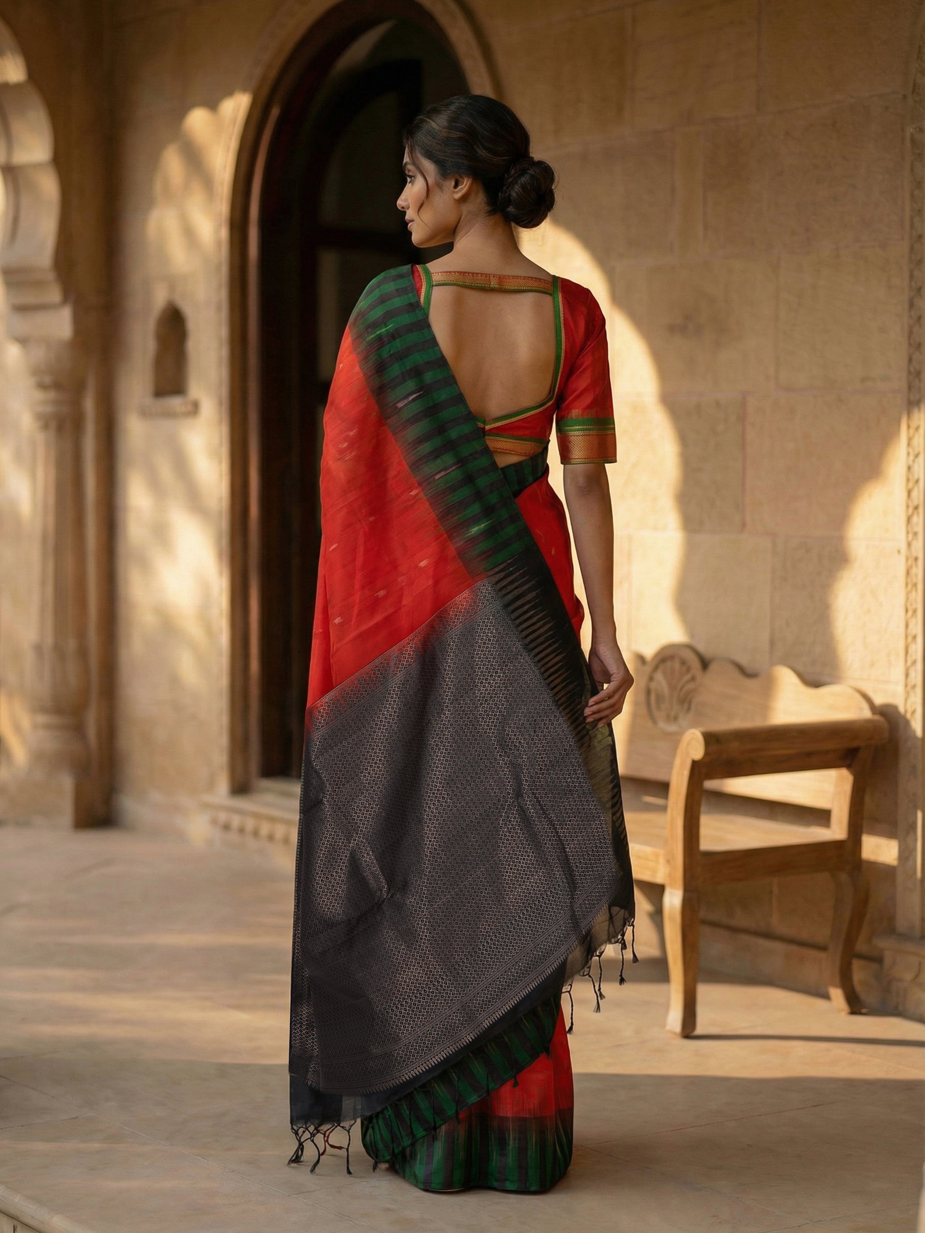 Pure Kancheepuram Silk Saree in Red with Golden Zari – Butta Body, Black Contrast Pallu