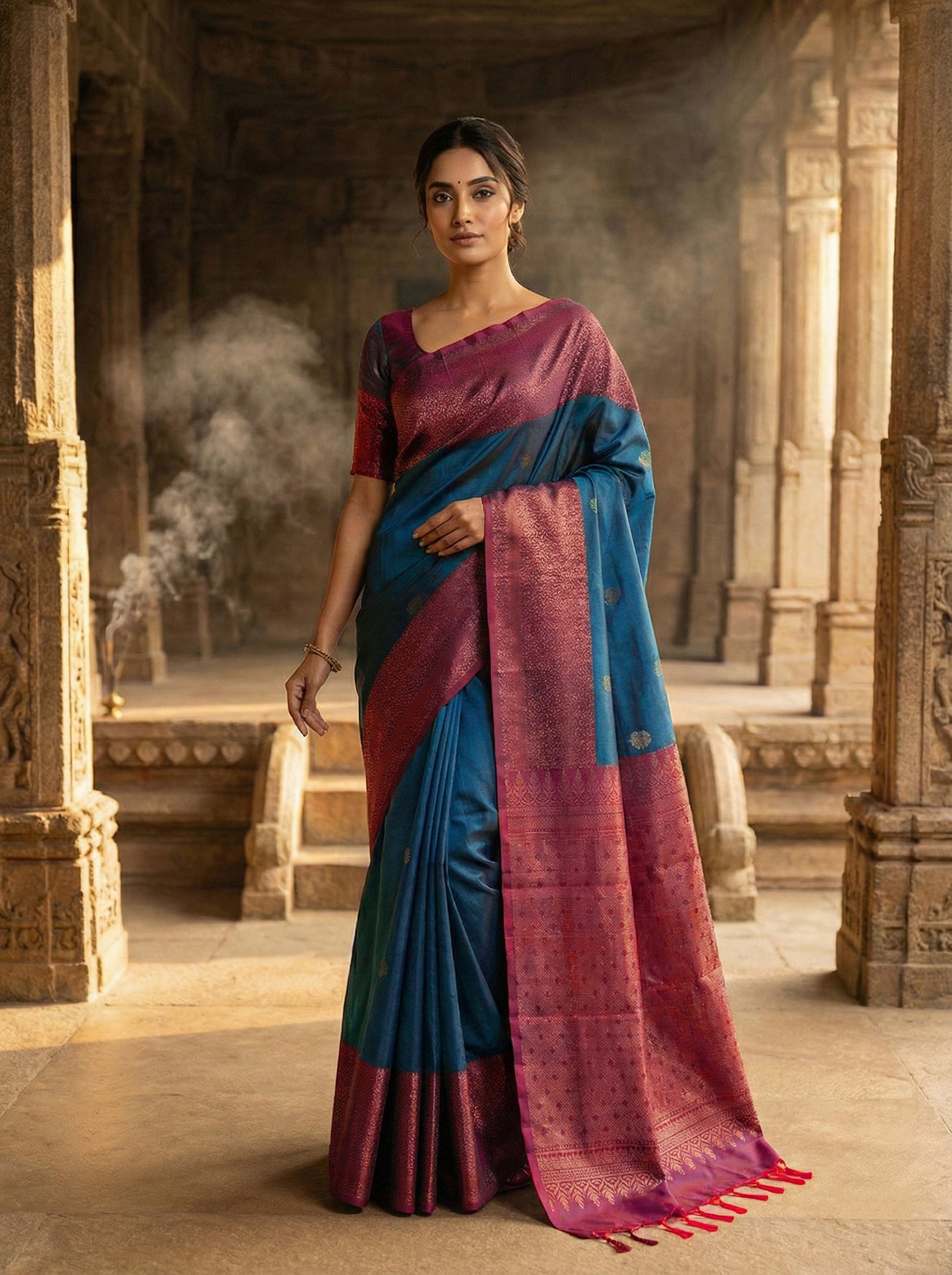 Pure Kancheepuram Silk Saree in Contrast Blue with Diagonal Antique Gold Zari – Butta Body