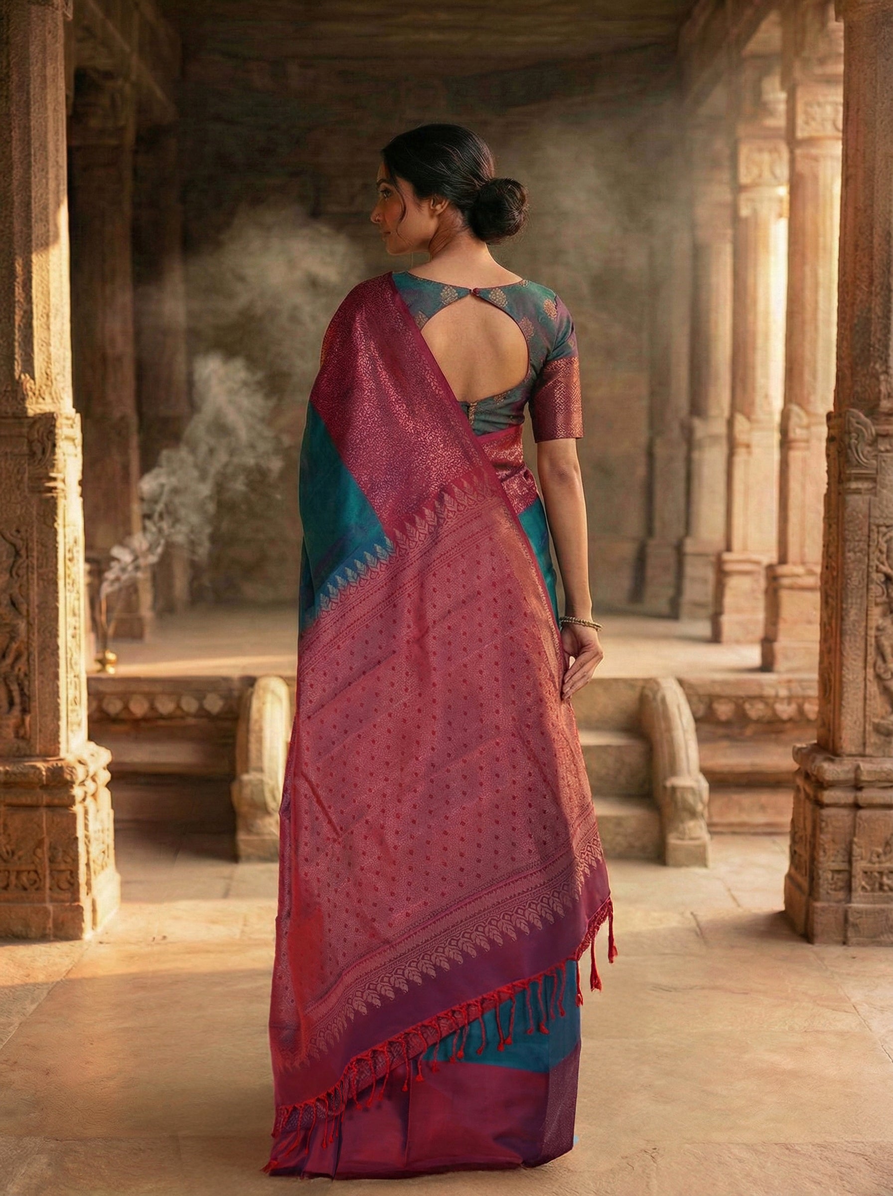 Pure Kancheepuram Silk Saree in Contrast Blue with Diagonal Antique Gold Zari – Butta Body