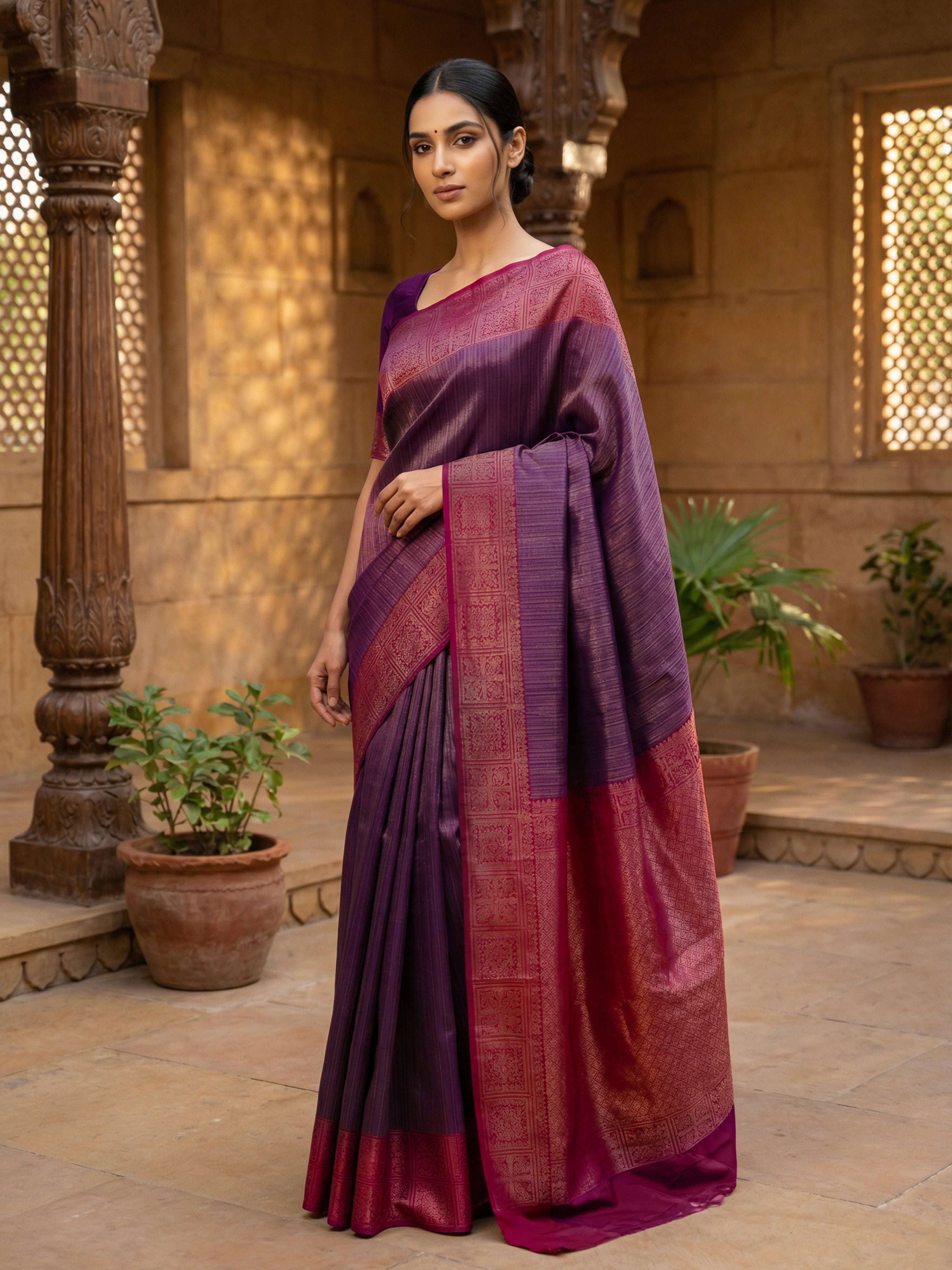 Semi Silk Saree in Vadaar with Vertical Arrow Stripes & Elephant–Peacock Border