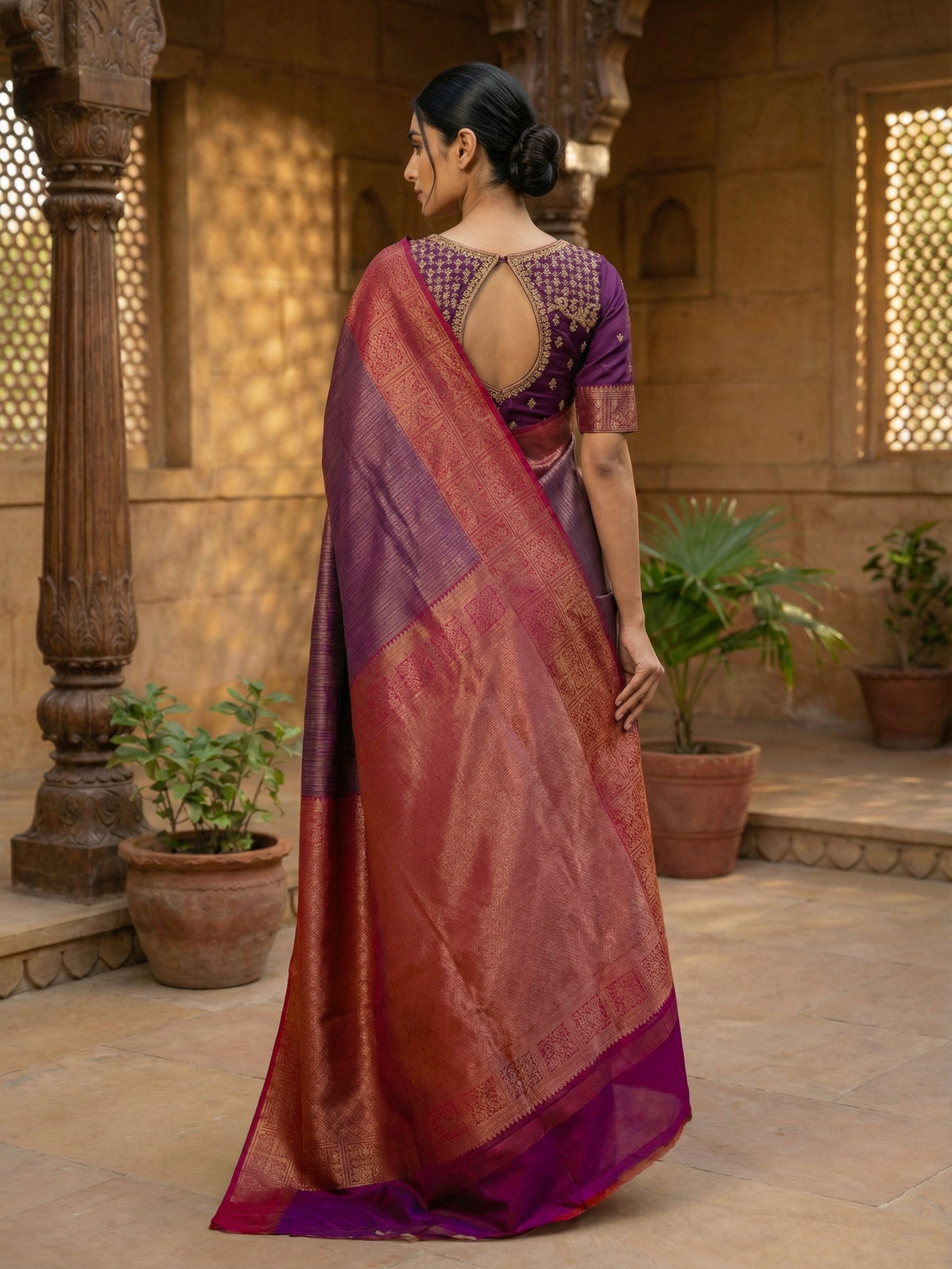 Semi Silk Saree in Vadaar with Vertical Arrow Stripes & Elephant–Peacock Border