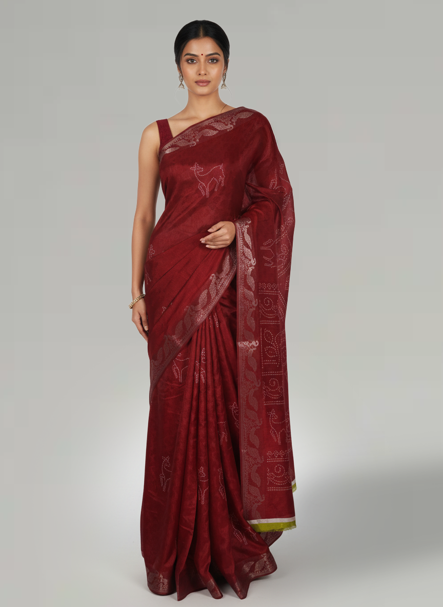 Maroon Printed Semi Silk Saree