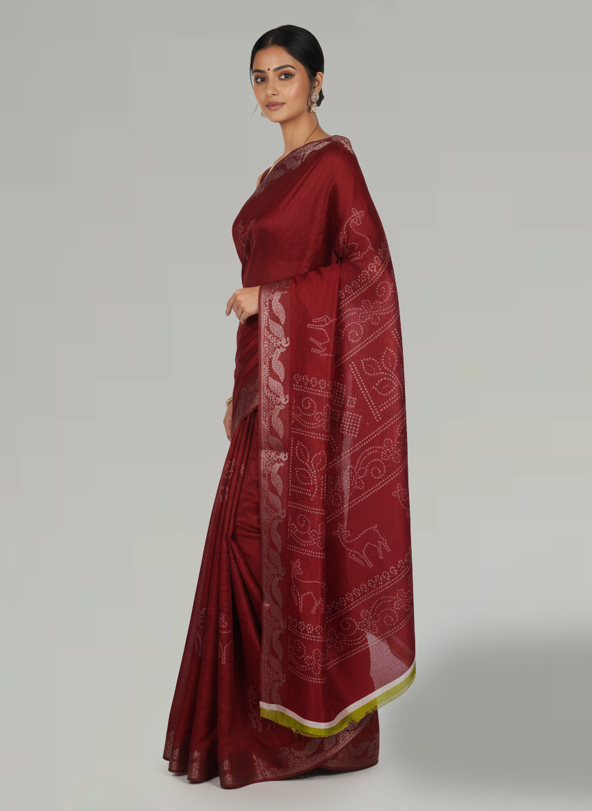 Maroon Printed Semi Silk Saree
