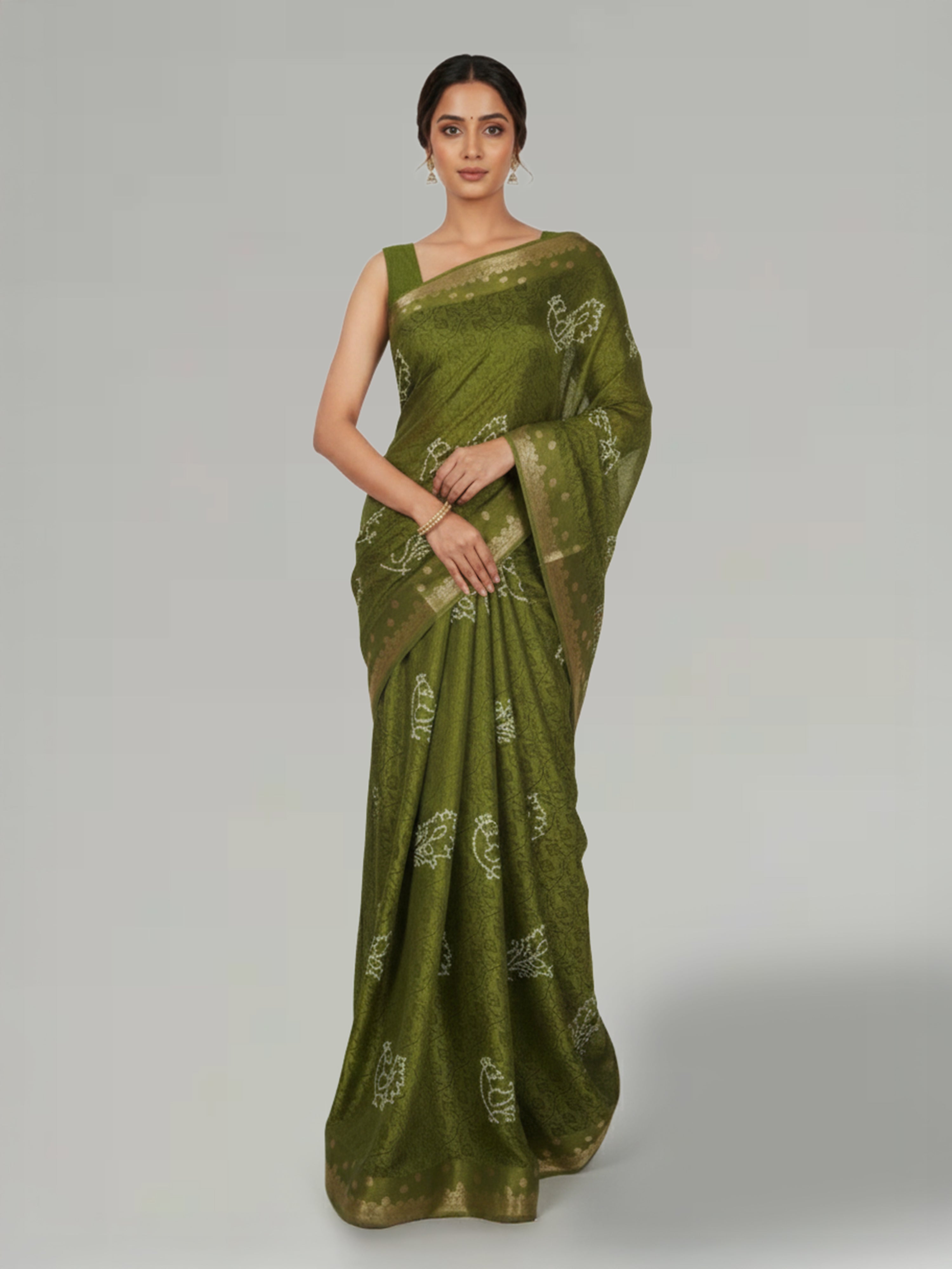Moss green Semi Silk Saree With And Bandhani Print