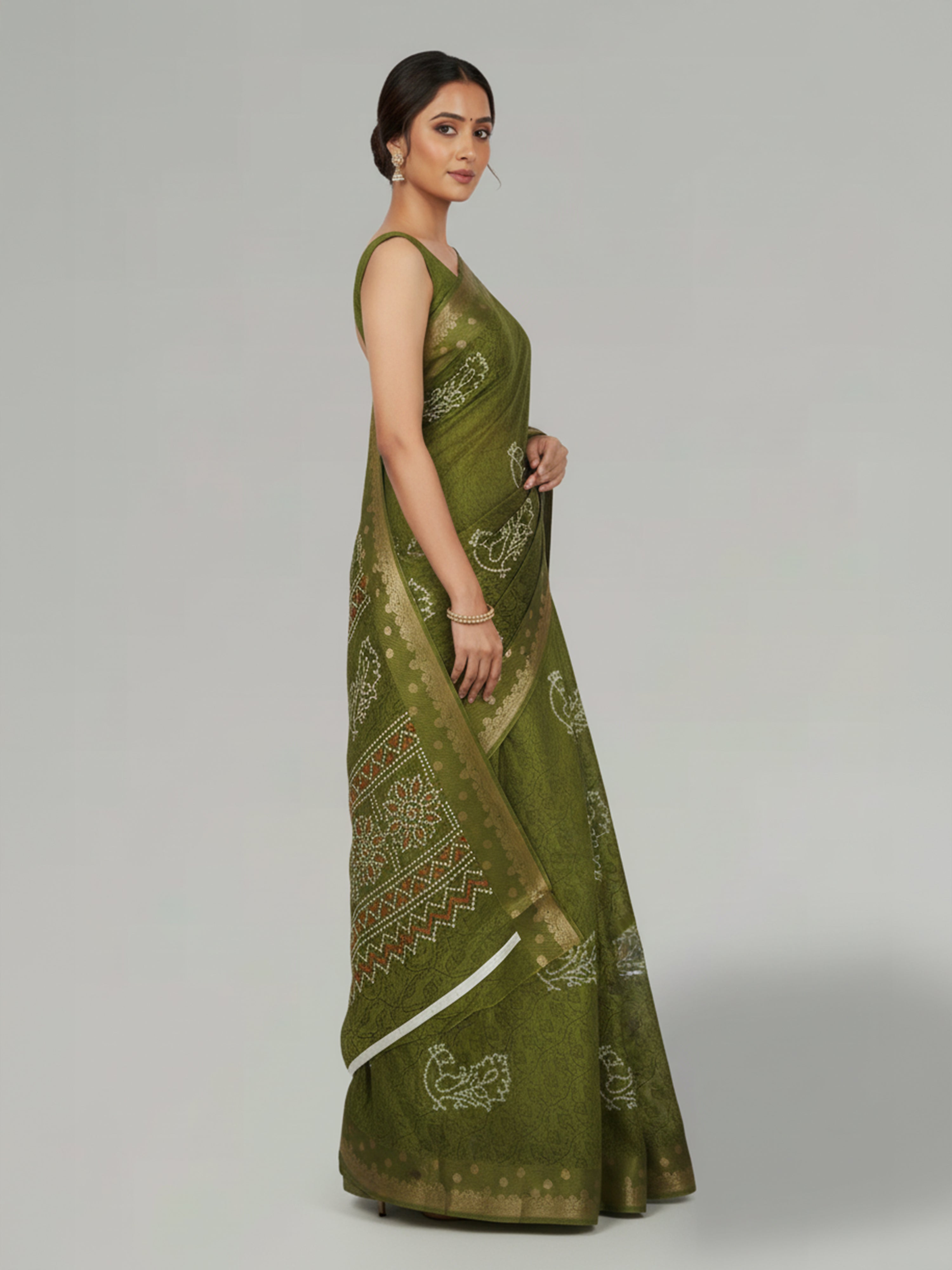 Moss green Semi Silk Saree With And Bandhani Print
