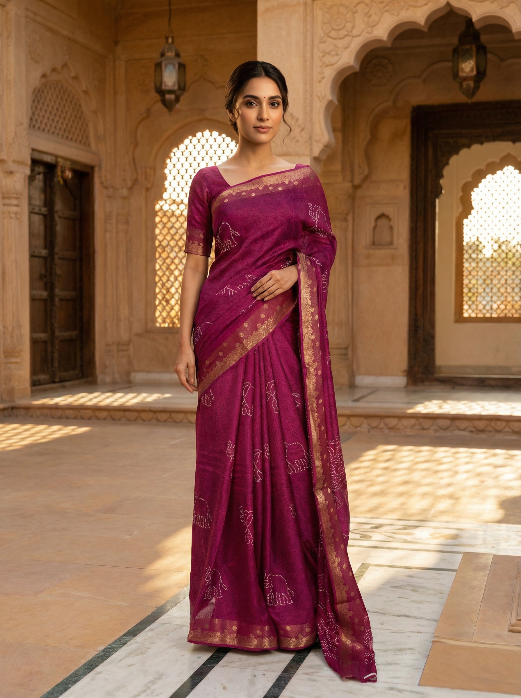 Wine Semi Silk Saree with Antique Gold Banarasi Border